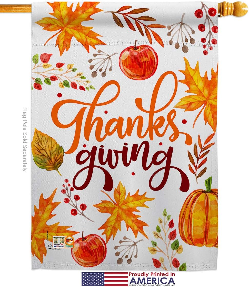 Thanksgiving Leaves House Flag Falltime Turkey Give Thanks Gobble Pumpkin Season Autumntime Cornucopia Small Decorative Gift Yard Banner Made In USA 28 X 40