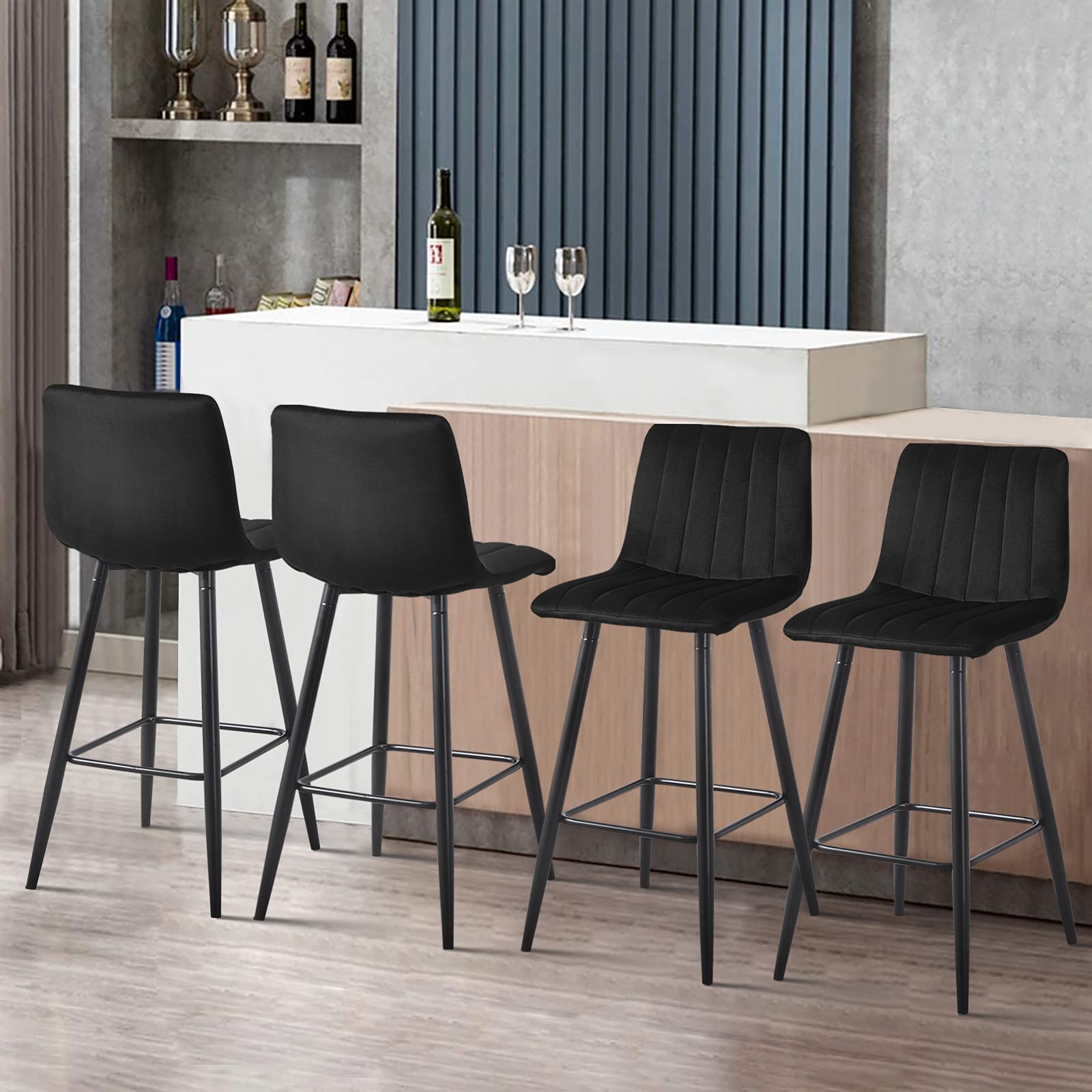 TUKAILAi Set di 2 sgabelli da bar da bancone neri con schienale imbottito in velluto e poggiapiedi in metallo e base per bar per la colazione alta cucina e casa