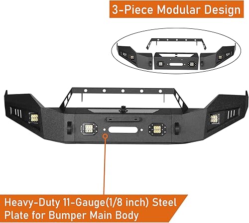 Vista 5 de Hooke Road Parachoques delantero Ram 1500 con placa de cabrestante y luces LED para camionetas Dodge Ram 1500 2013 2014 2015 2016 2017 2018
