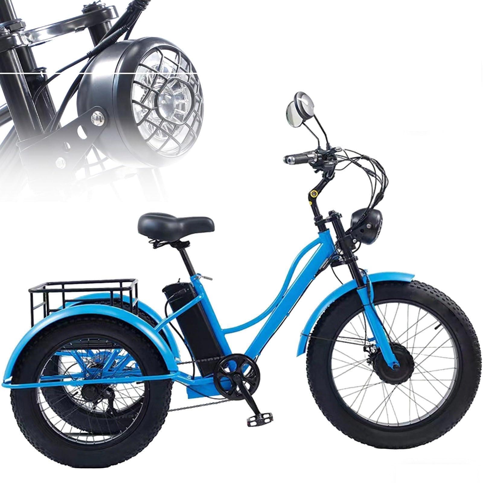 LRPMGZYoe Electric Tricycle For Adults 7 Speeds Electric Bike Fat Tire for Adults, 200kg Load Capacitay with Cargo Basket Elderly Exercise Shopping Comfortable Rides B