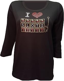 Slot Machine Gambling Bling womens black shirt with scoop neck and 3/4 sleeves