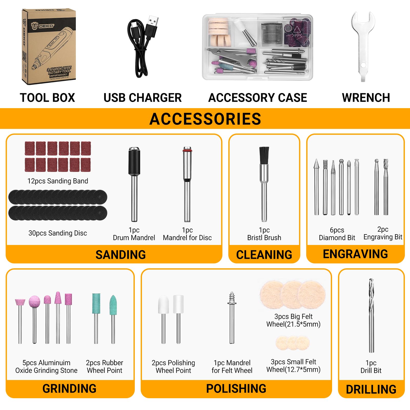 Utensile rotativo ricaricabile: DEKOPRO 3,7 V utensile rotativo, completo di 70 accessori per la levigatura. Un potente utensile con indicatore di velocità variabile e ricarica di tipo C.
