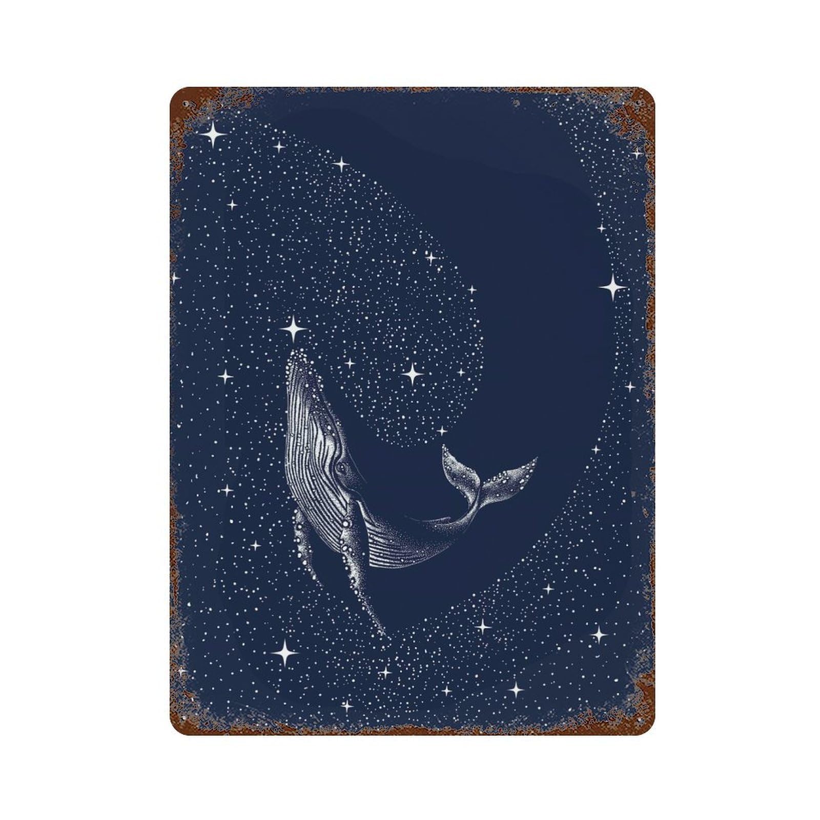 Vintage Metal Tin Sign with Starry Whale Design 15.7"x11.8", for Garage, Bar And Workshop Decor, Novelty Wall Decor