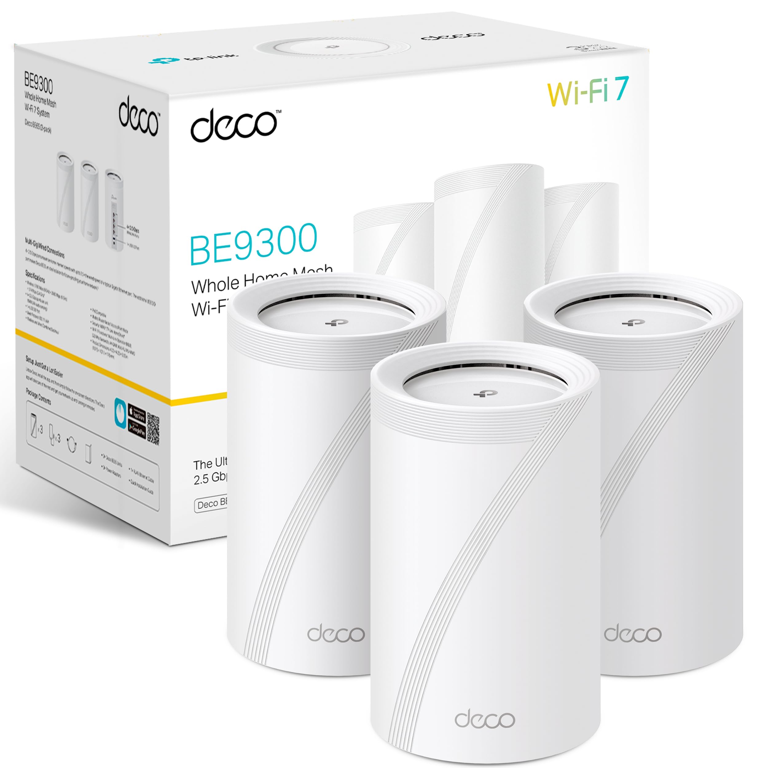TP-Link Deco BE65(3-Pack) - BE9300 Wi-Fi 7 Mesh WLAN Set (3 Pack), Triband 5760 Mbit/s (6 GHz) + 2880 Mbit/s (5 GHz) + 574 Mbit/s (2.4 GHz), 6 Streams, 4 2.5G Ports, 1 USB 3.0