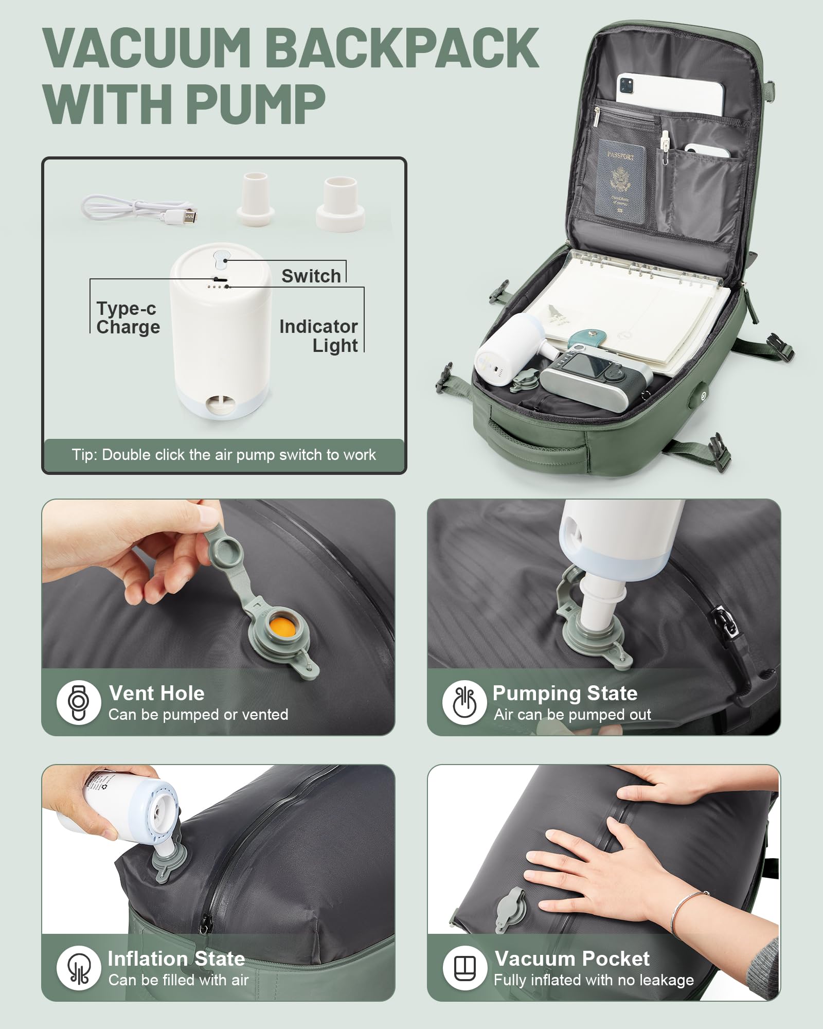 bergsalz Grande Zaino Ryanair Easyjet 45x36x20 Sottovuoto Viaggio Con Pompa, Zaino Da Viaggio Aereo Bagaglio a Mano Con Sottovuoto Incorporato Donna Uomo Verde