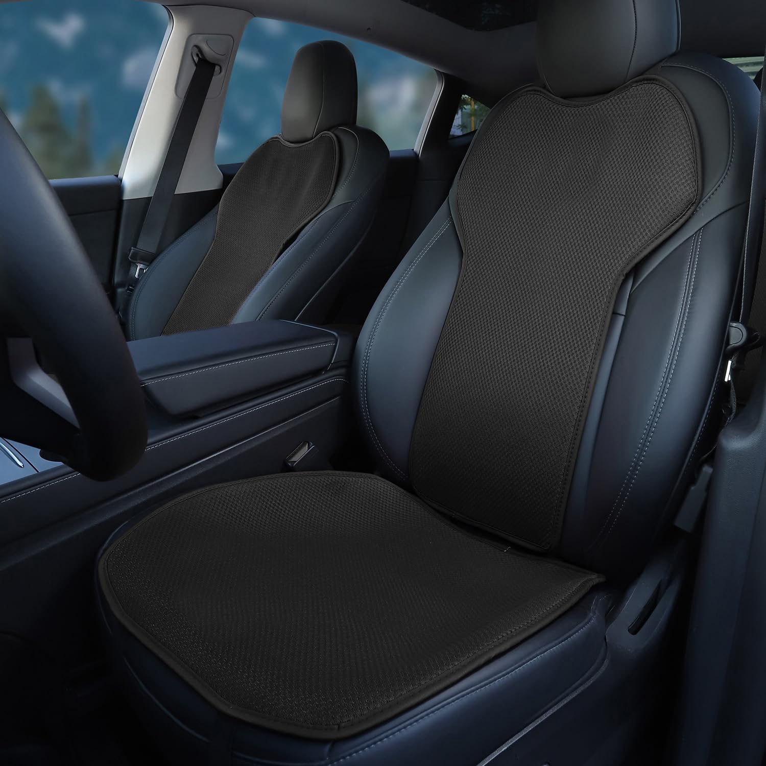 TOPABYTE Set Personalizzato Coprisedili Auto per Tesla Model Y Model 3 Model S Model X 2017-2026, Conducente e Passeggero Auto Cuscino, Seta Ghiaccio Traspirante e Antiscivolo (Senza LOGO)