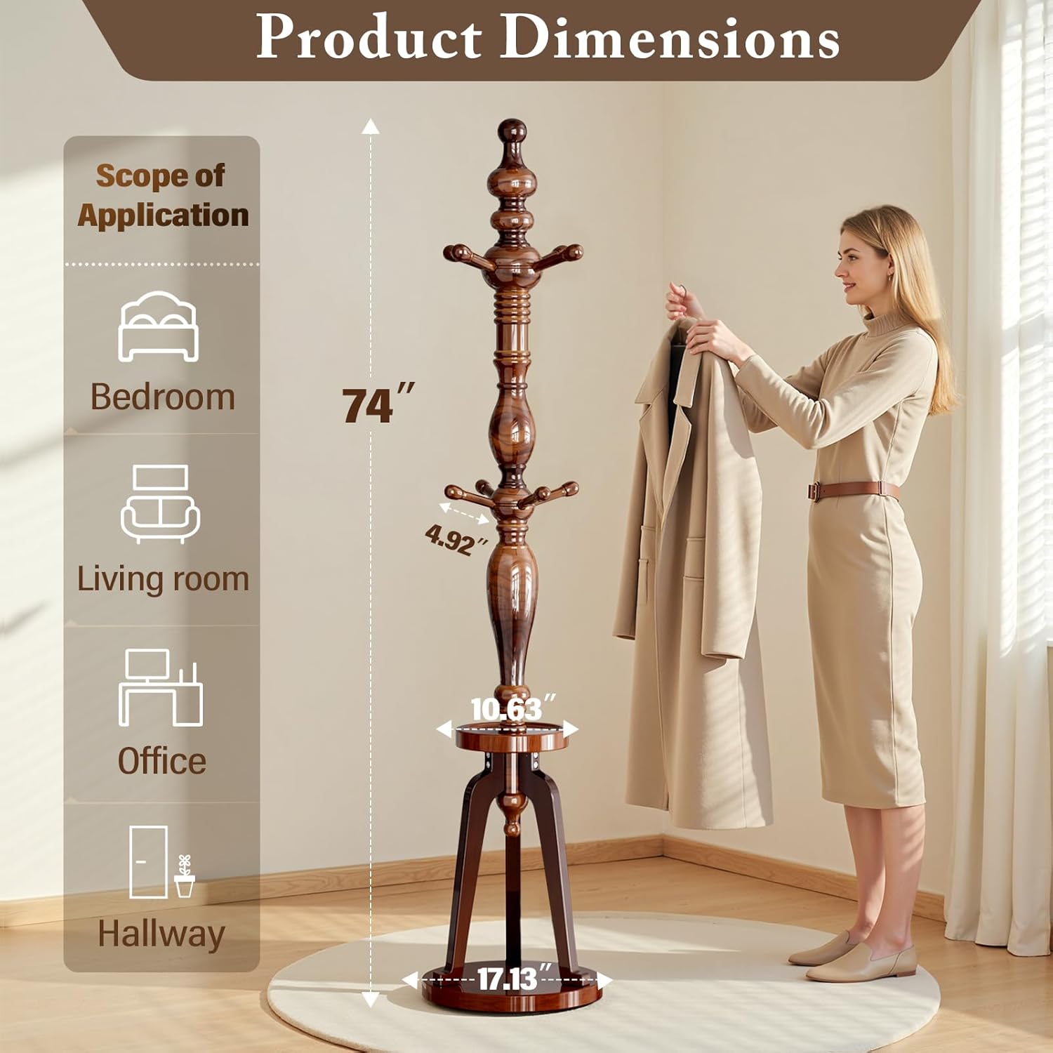 Coat Rack Freestanding with 8 Hooks & Storage Shelf, Wooden Hall Tree Coat Hanger Stand, Heavy Duty Entryway Organizer with 220 LB Load Capacity, Sturdy Wood Coat Tree for Entryway Hallway Office Home
