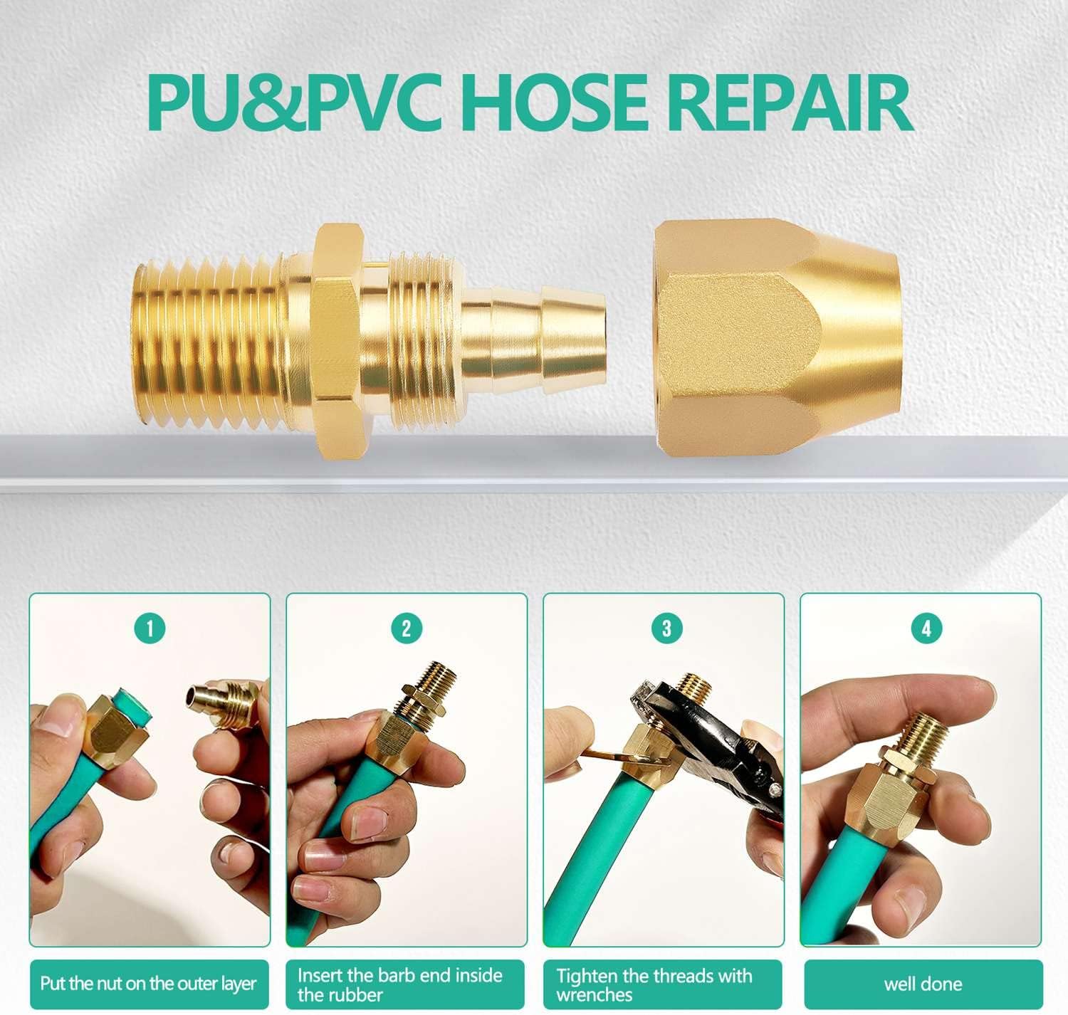 2pcs Premium Solid Brass Pneumatics Reusable PU Hose-End Repair Fitting, 1/4" Barb For 1/4-Inch ID Polyurethane Air Hose With 1/4" NPT