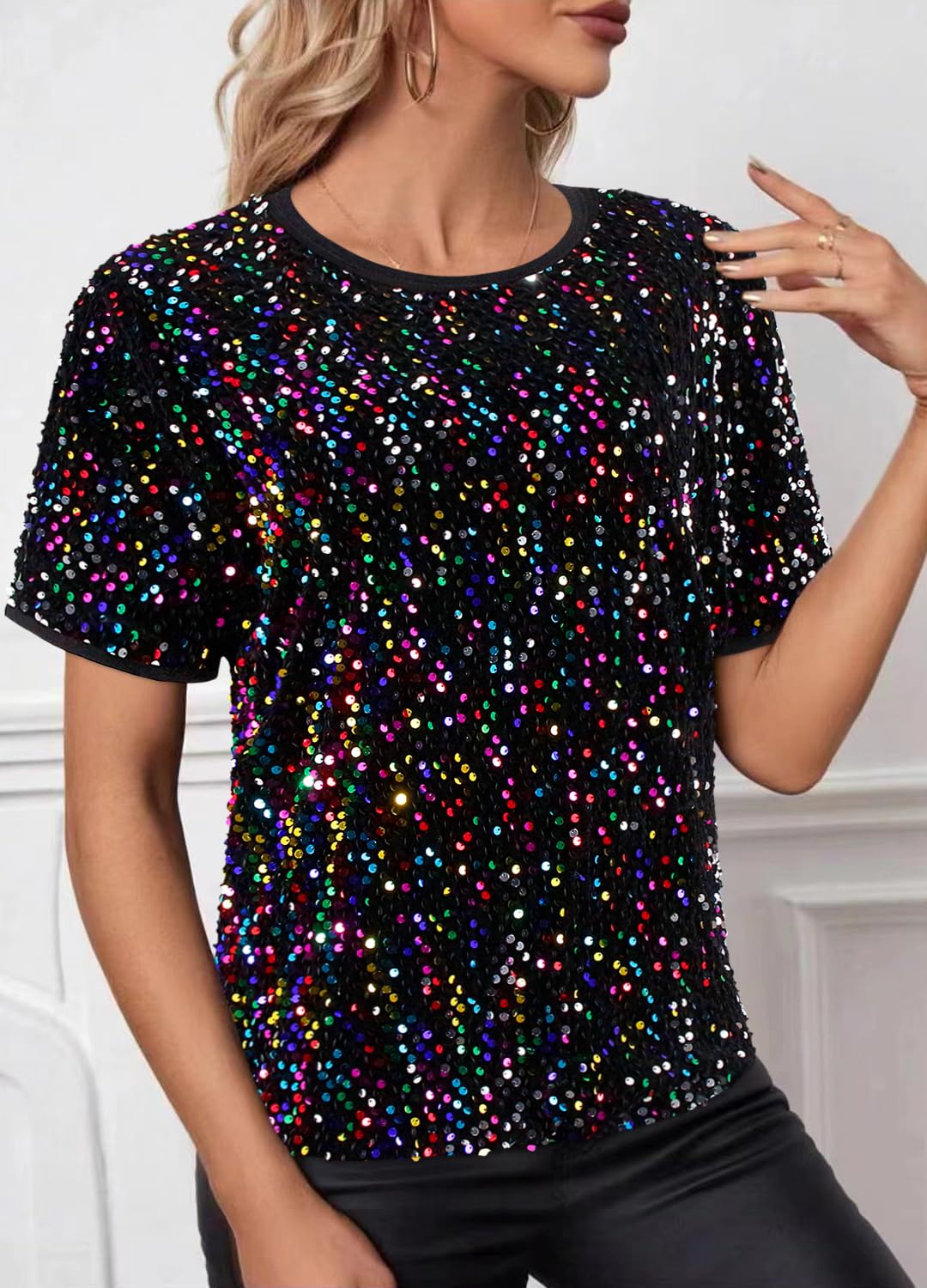 T-shirt décontracté à manches courtes pour femme avec paillettes scintillantes