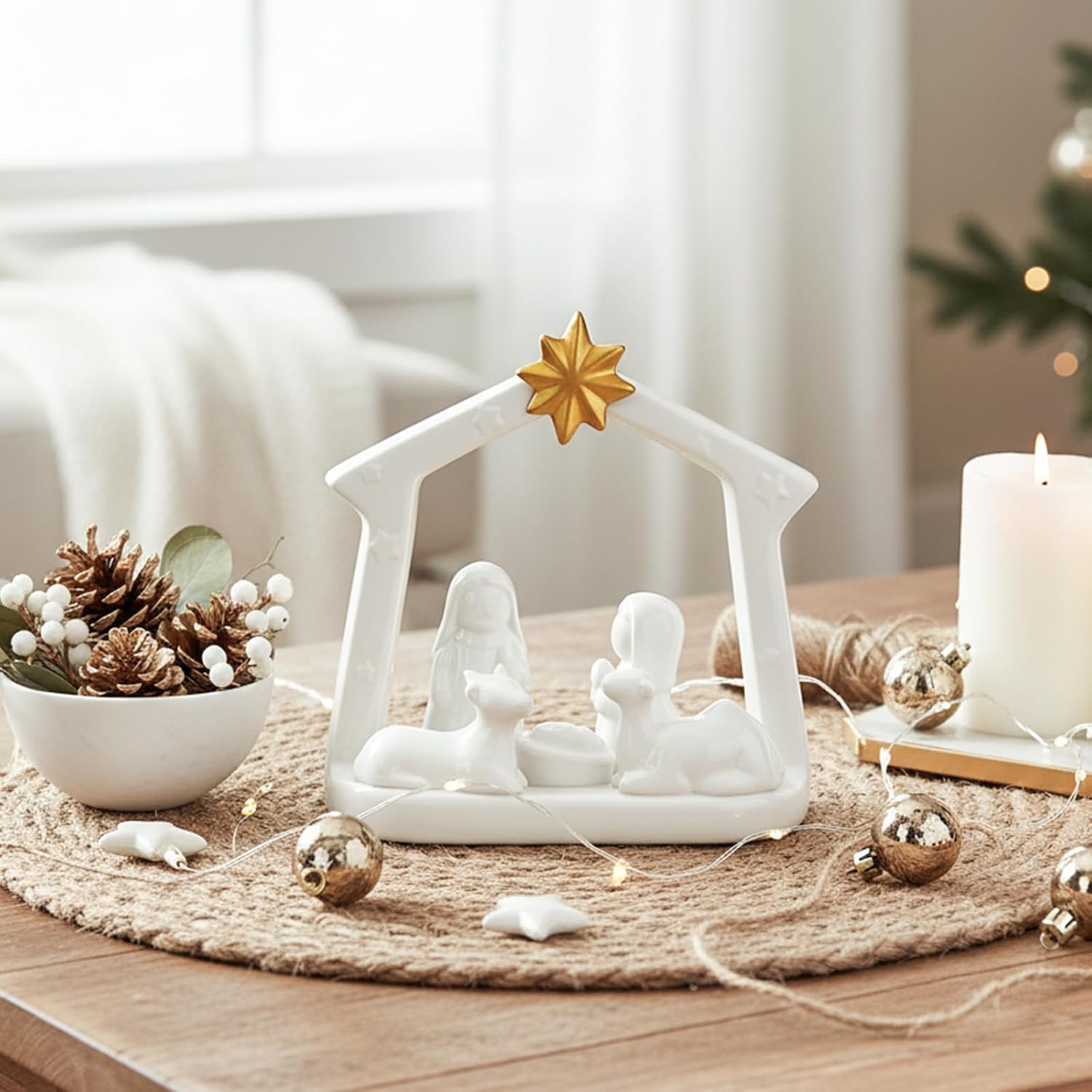 DN DECONATION White Ceramic Nativity Set for Christmas Indoor, Porcelain Nativity Scene with Manger, Modern Christmas Holy Family Nativity Sets & Figures for Home Tabletop Shelf Display Decoration White Nativity Set of 1