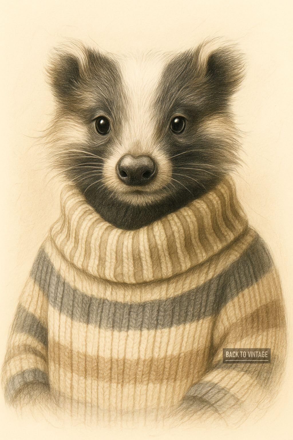 Close-Up Illustration Of A Badger In A Sweater - A4 Poster Animal Portrait Art Print Anthropomorphic Wall Art Featuring Pet in Human Outfit Perfect for Home Decor Office or Gallery Display