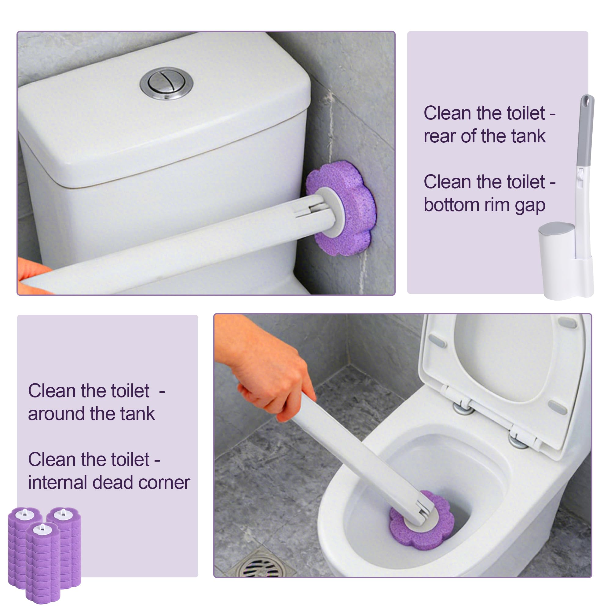 Monouso Scopino Bagno WC, confezione da 2 con manico estensibile e supporto. Spazzolone Bagno WC, fornito con 54 ricariche per la pulizia di bagni, vasche da bagno, lavandini e pavimenti (Viola)