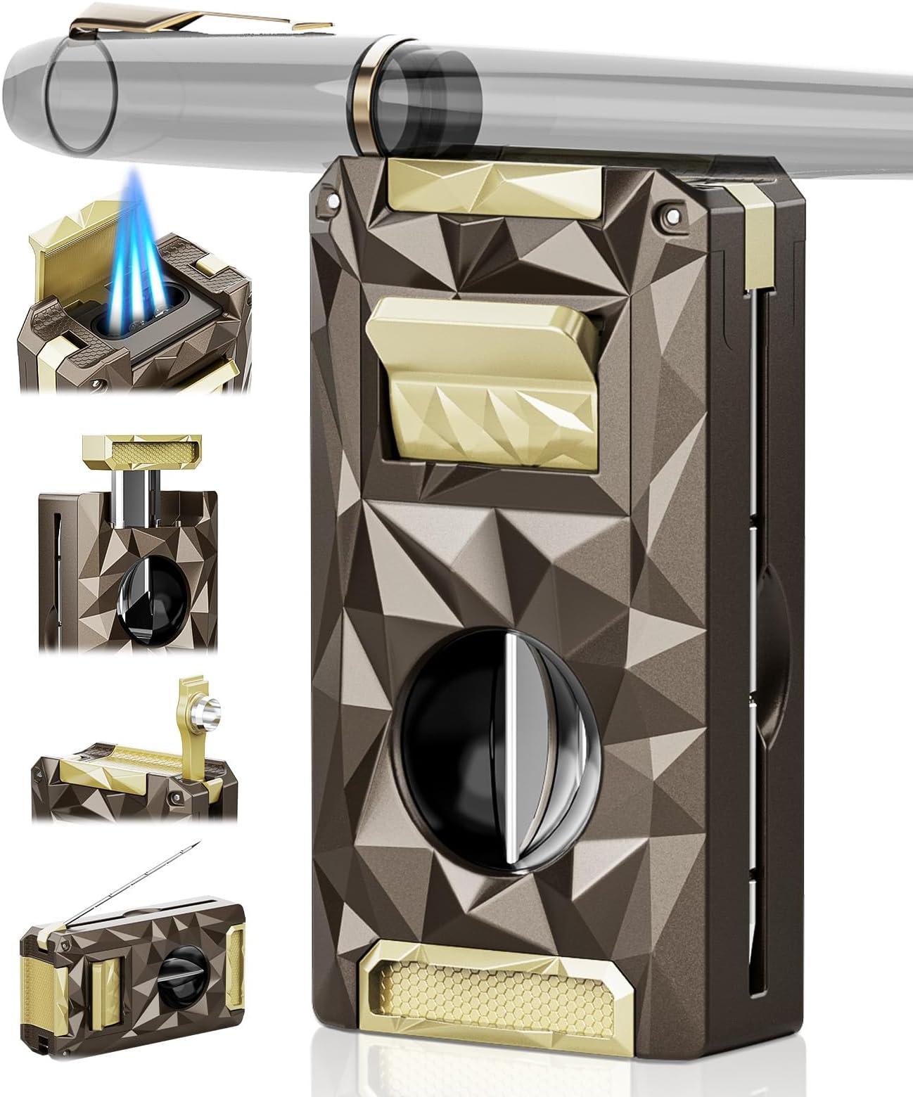 All-in-one Butane Torch Lighter with Cutter, Punch, Holder, Draw Enhancer Tool, and Triple Windproof Flame, Refillable Butane Lighters with Gift Box for Men, Cool Lighters for Outdoor, Candle