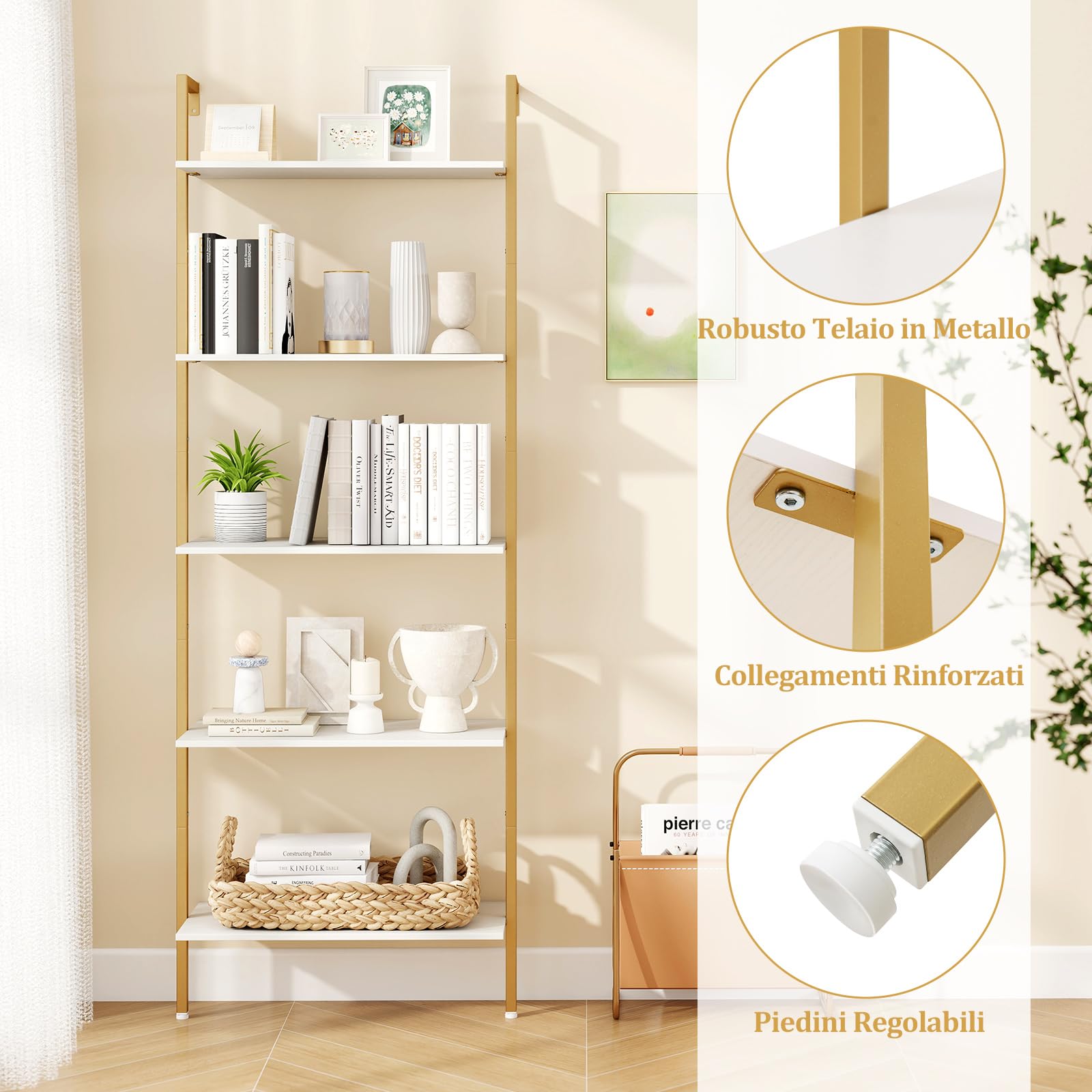 RELAX4LIFE Libreria Scaffale a Scala a 5 Ripiani, Scaffale Portaoggetti Salvaspazio per Soggiorno, Camera da Letto, Cucina e Studio, 64 × 30 × 178 cm