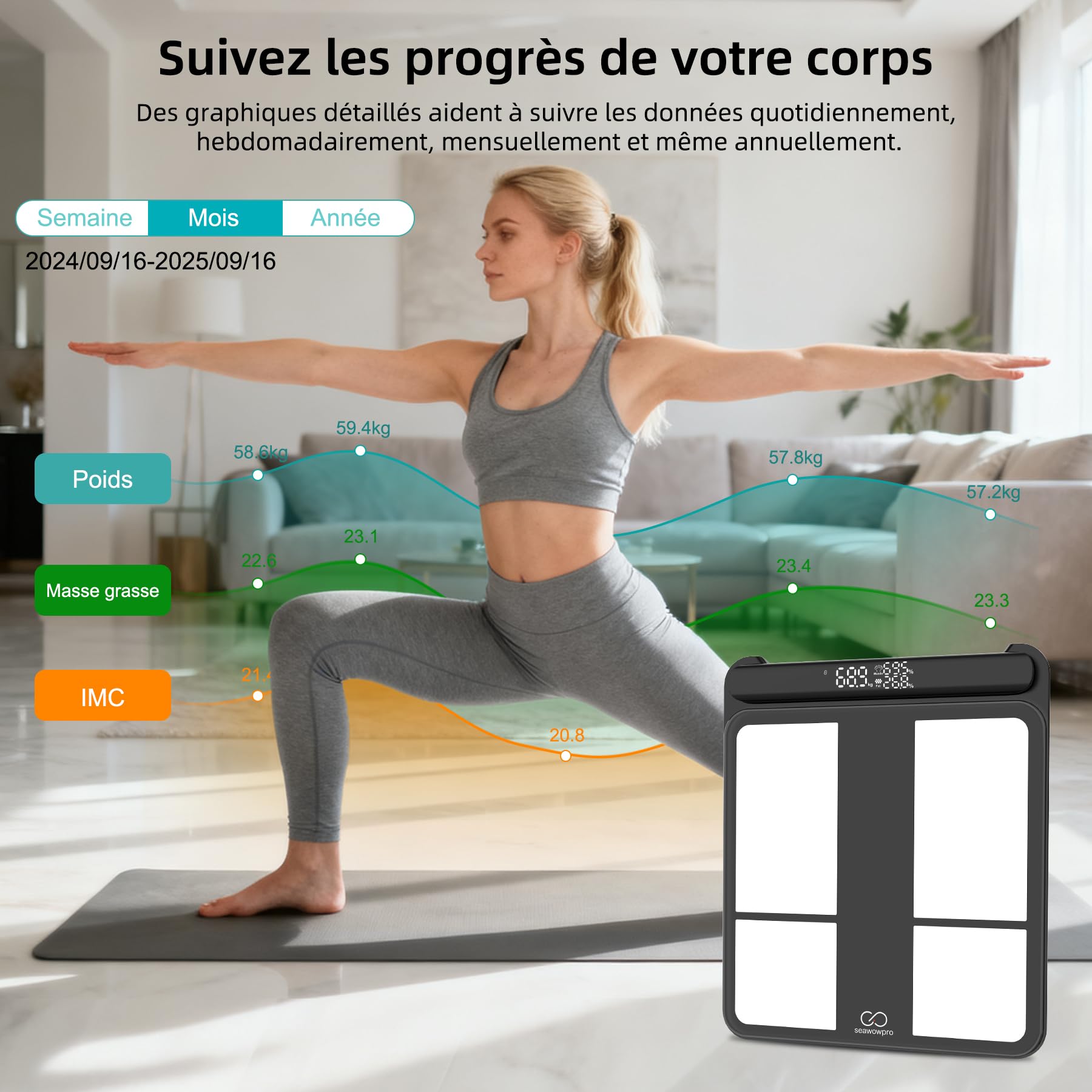 Balance Connectée Impédancemètre 8 Électrodes, Pèse Personne Haute Précision avec Poignée Rétractable, Analyse Corporelle Segmentaire Complète (Graisse, Muscle, Eau, IMC), Max 180kg/400lb