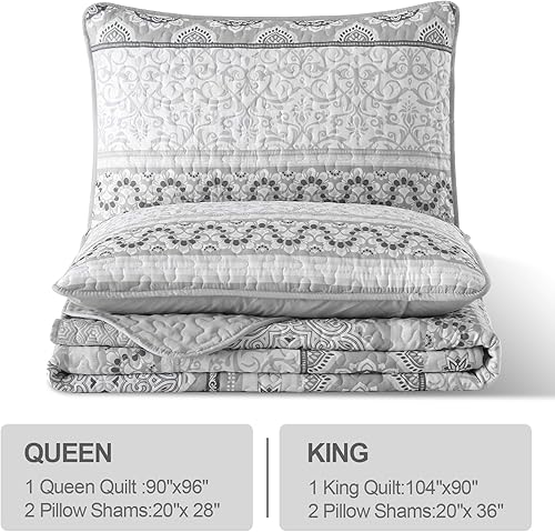 Miniatura 7 de Drucon Juego de edredón de cachemira gris tamaño Queen de 3 piezas, juego de edredón floral de cachemira bohemio, edredón de microfibra suave y