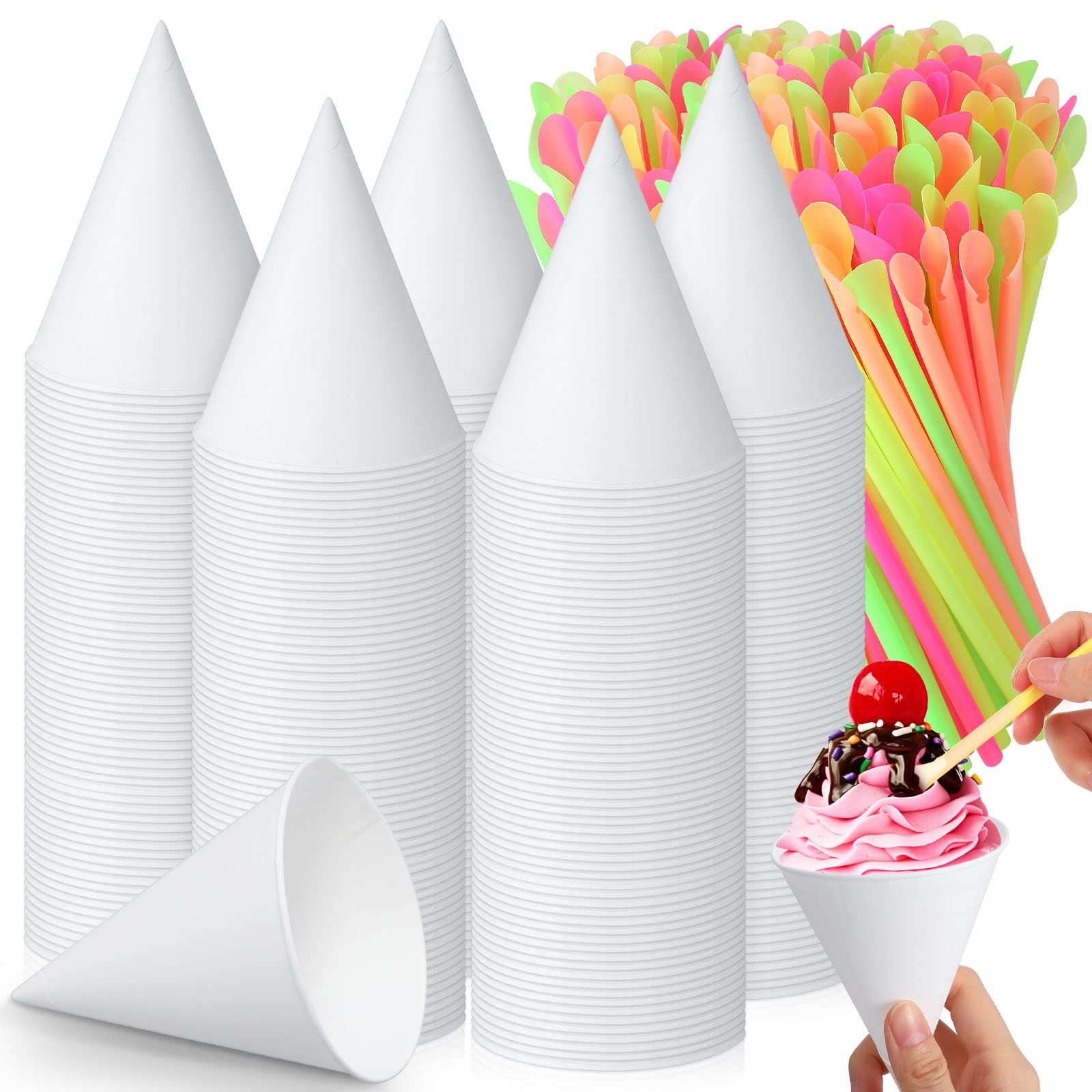 Eaasty 1000 Pcs Snow Cone and Straws Cone Cups 4.5 oz Spoon Straws Disposable Paper Cups Straw Spoon for Slush Shaved Ice Cream Sorbet Water (White)