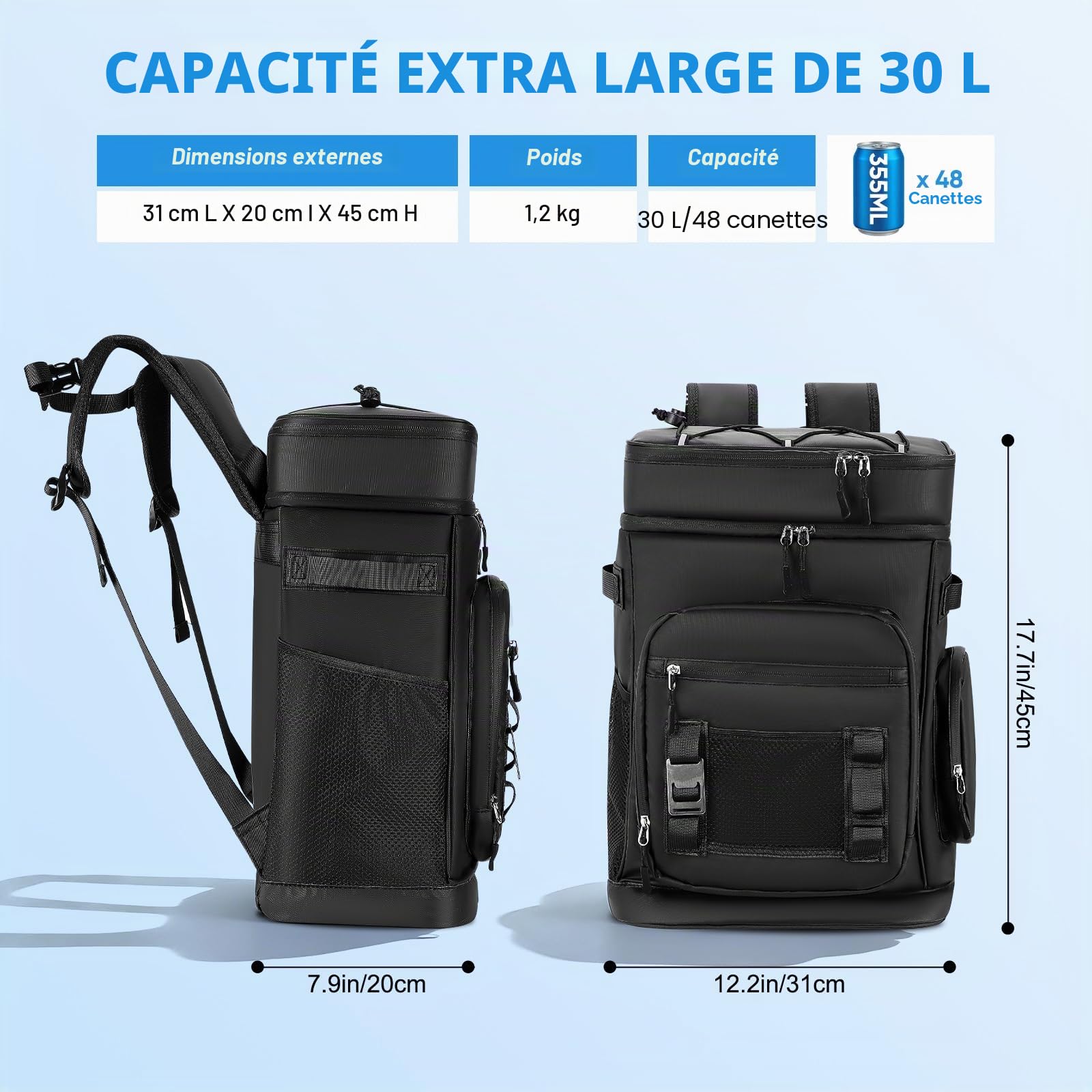 Grand Sac à Dos Isotherme Imperméable 48 Cans Capacité - Sac de Randonnée Isotherme Étanche - Glacière Sac pour Camping Pique-Nique Plage, 30L, Noir