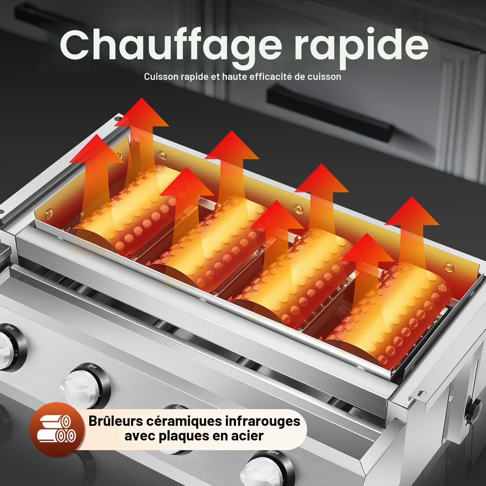 Barbecue à gaz en acier inoxydable - 4 brûleurs - Barbecue de table - Barbecue à gaz GPL - Barbecue amovible - Pour camping, balcon, jardin - Argenté