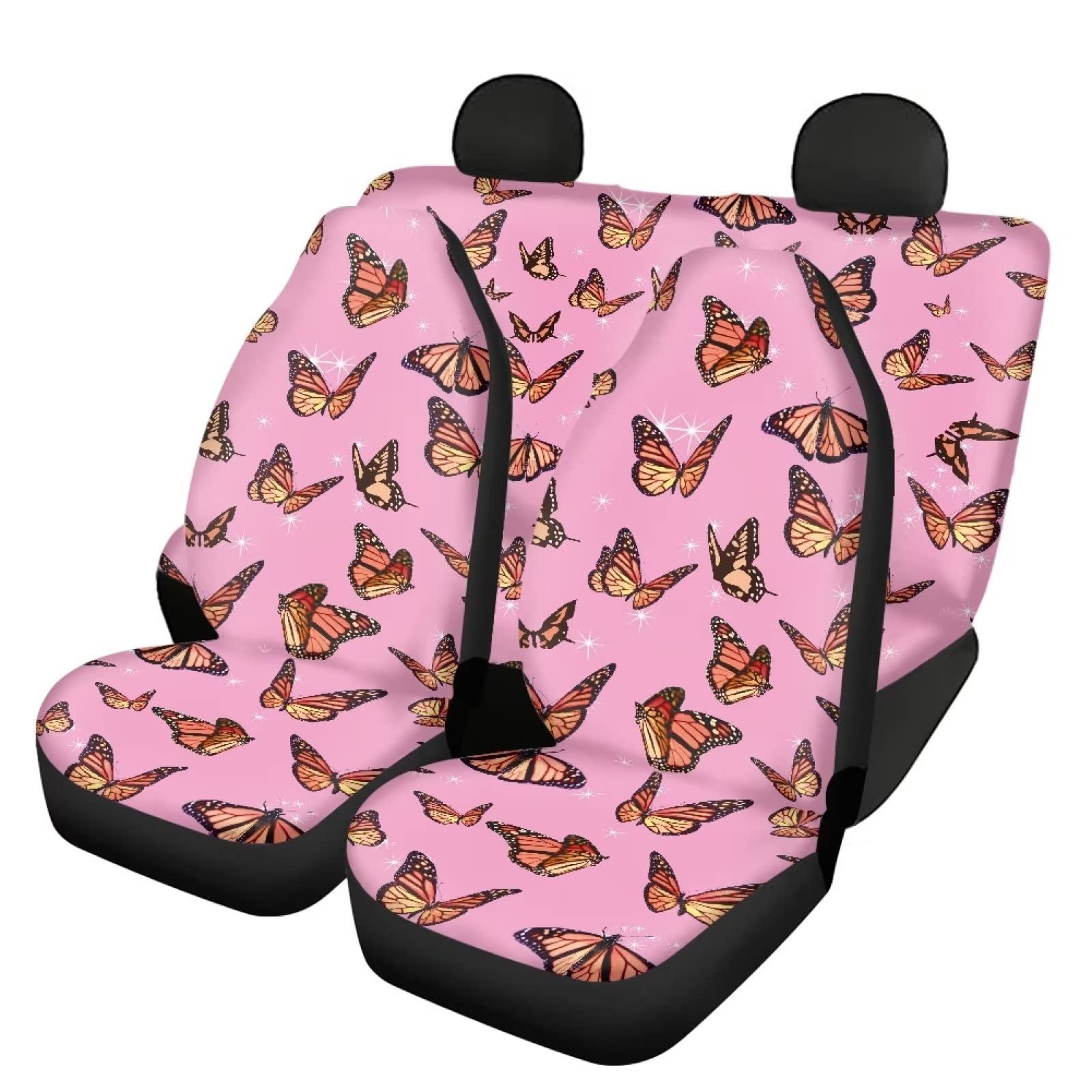 Pink Butterfly Print Automotive Seat Cover Full Set Custom Front Back Seat Cover Easy Install Soft Breathable Universal Car Seat Protector for Women Men Fitted Car Interior Accessories for Trucks