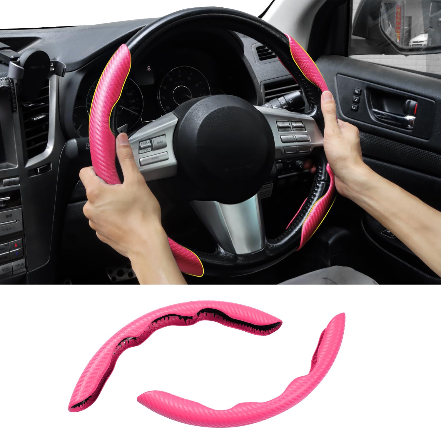 LIMSTYLE ハンドルカバー 車用ステアリングカバー 汎用 軽自動車 普通車 カーボン調 先端素材 レザー 軽い 滑りにくい キズ防止 汚れ防止 耐久性 はめやすい ピッタリ 無臭無毒 (カーボン調・ピンク)