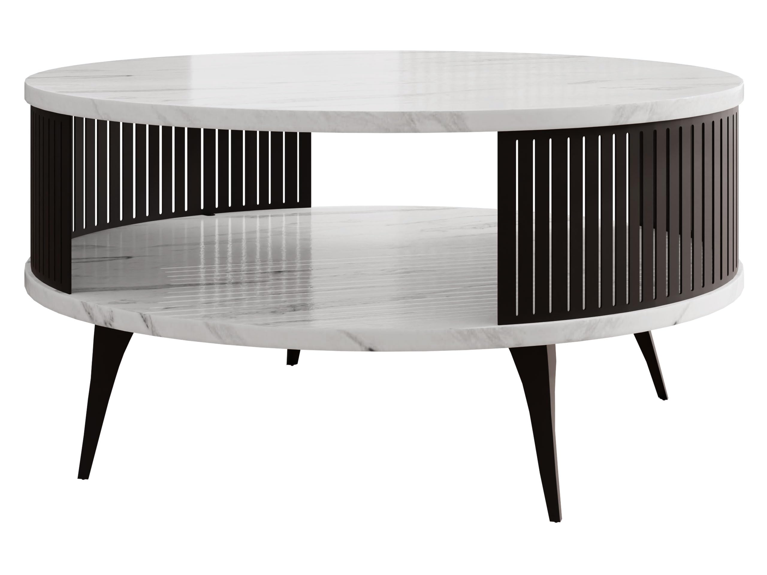 Mirjan24 Couchtisch Rajkon, runde Form (Bianco Marmor, Schwarz) | Moderner Wohnzimmertisch mit praktischer Ablage, stabilem Stahlgestell und pflegeleichter Oberfläche