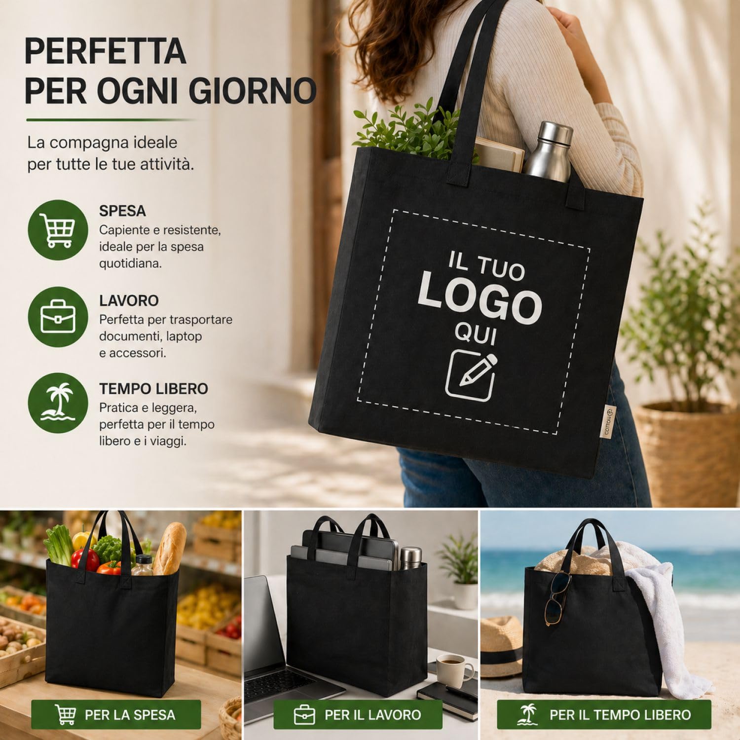 VENEZIANO Shopper personalizzata Canvas 220gsm 40x35x12 cm con Soffietto e Manici Lunghi – Shopper Resistente Riutilizzabile – Personalizzabile per Stampa, Gadget e Uso Quotidiano
