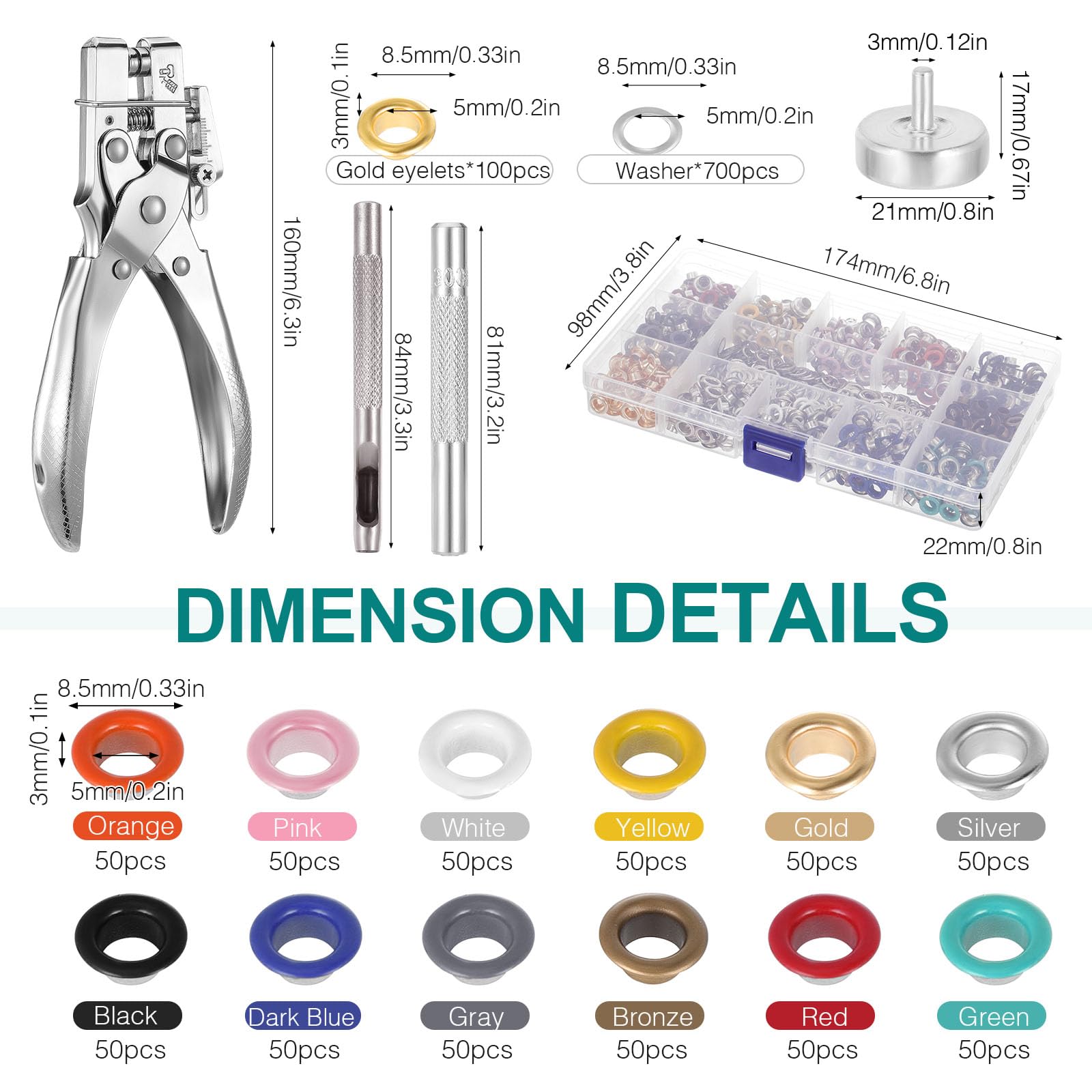 Kinsinder Set di pinze per occhielli da 5 mm, 13 colori, 700 pezzi, set di occhielli per risparmiare lavoro, per teloni, con scatola, adatte per tessuti fai da te, pelle, tende, tela cerata
