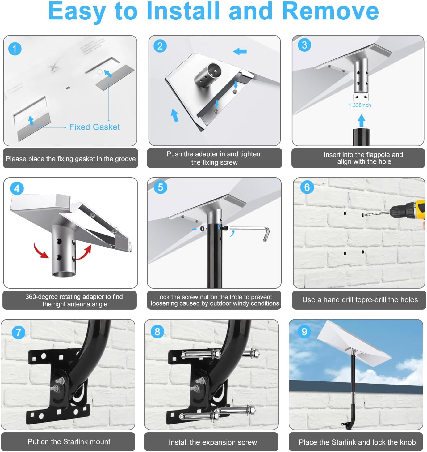 Starlink Gen 3 Mount, Starlink Gen 3 Wall/Roof Mount with Pipe Adapter, Mounting Kits for Star Link Internet Kit Satellite V3 Standard Antenna, 33" J-Pole Antenna Mounts