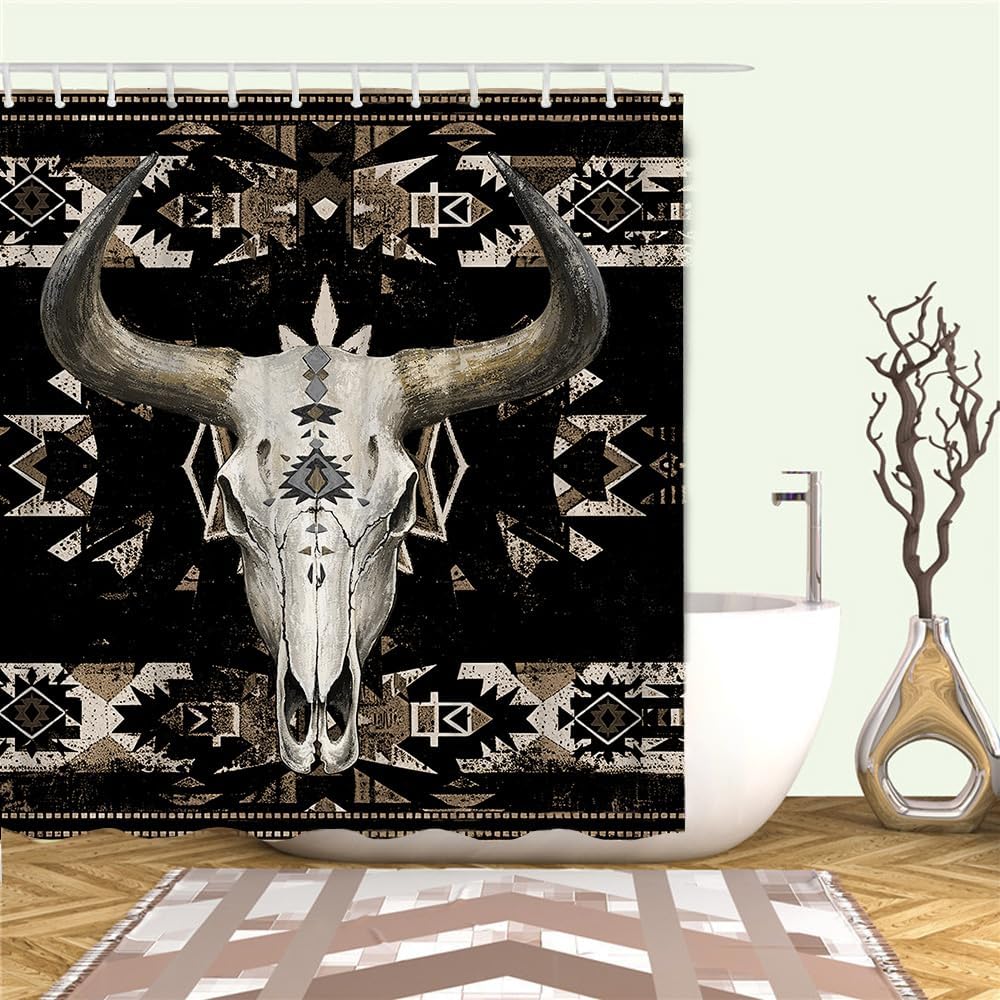RnnJoile Aztec Shower Curtain Vintage Western Bath Curtain Bull Skull Bathroom Decor Black Brown with Hooks 72"x 72"