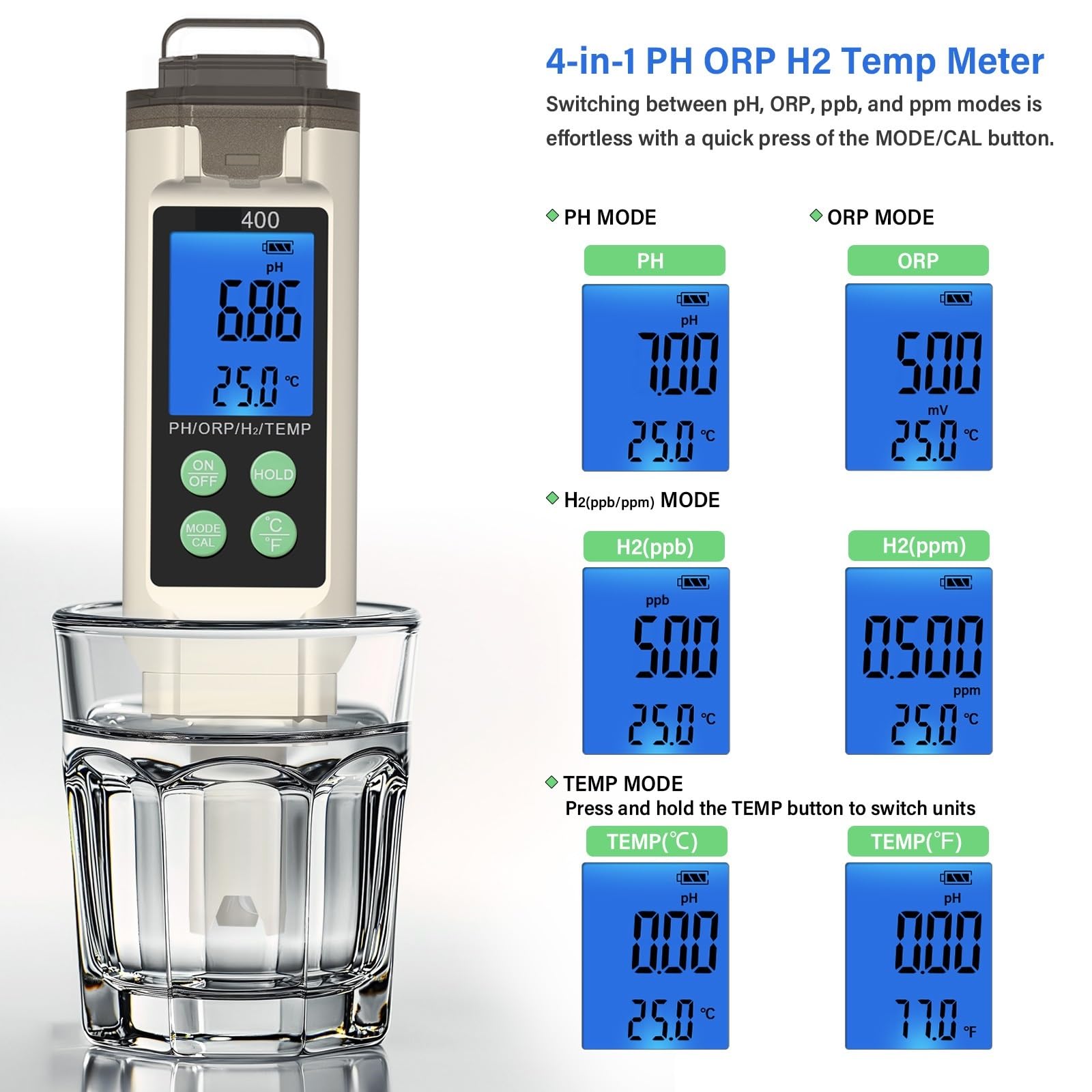 Tester Digitale della qualità dell'Acqua 4 in 1 PH ORP H2 Misuratore di Temperatura Retroilluminazione