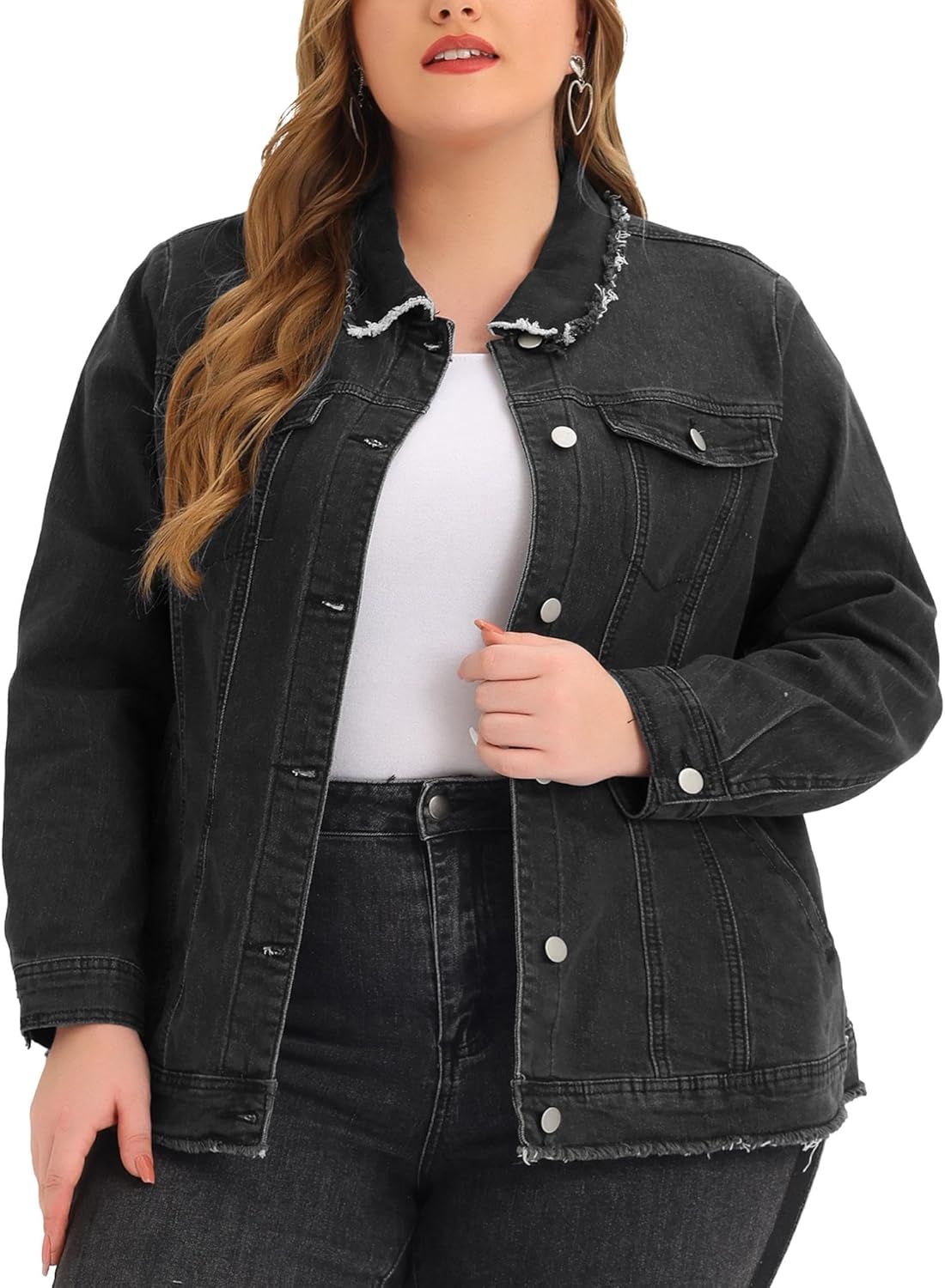 Agnes Orinda Plus Size Denim Jackets for Women Frayed Hem Classic Washed Jean Jacket