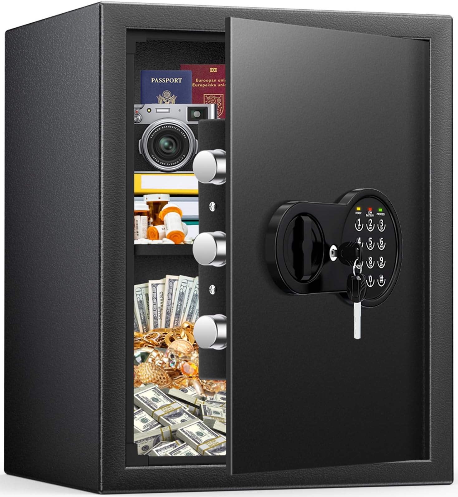 1.7 Cuft Fireproof Safe Box, 35-Min Fire Resistant Home Safe with Digital Keypad & Spare Keys, Smart Alarm, Silent Mode, Fireproof Waterproof Security Safe with Removable Shelf