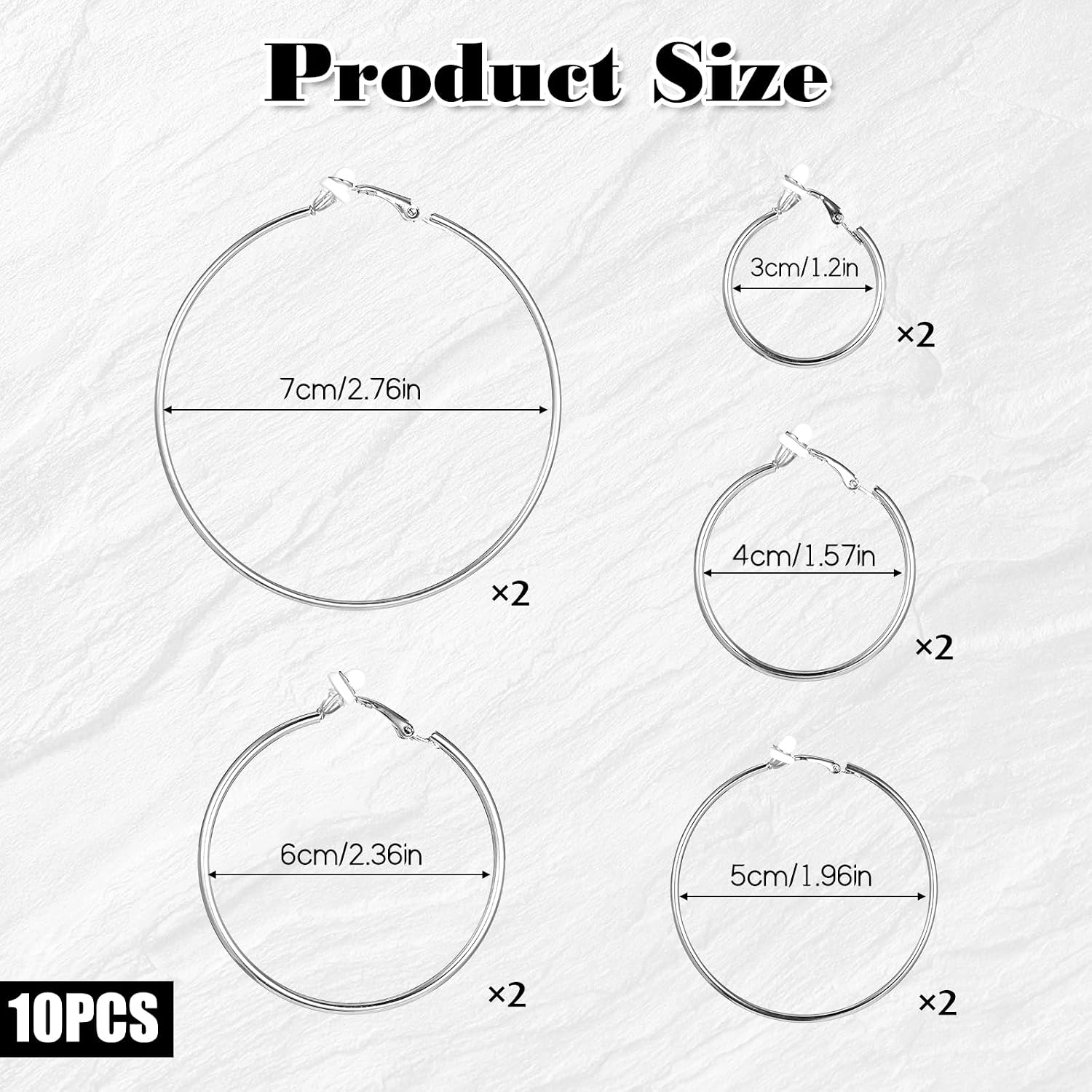 5 Pairs Stainless Steel Clip on Earrings Hoop 5 Sizes 30/40/50/60 /70mm Earrings for Women Thin Lightweight Dangle Set