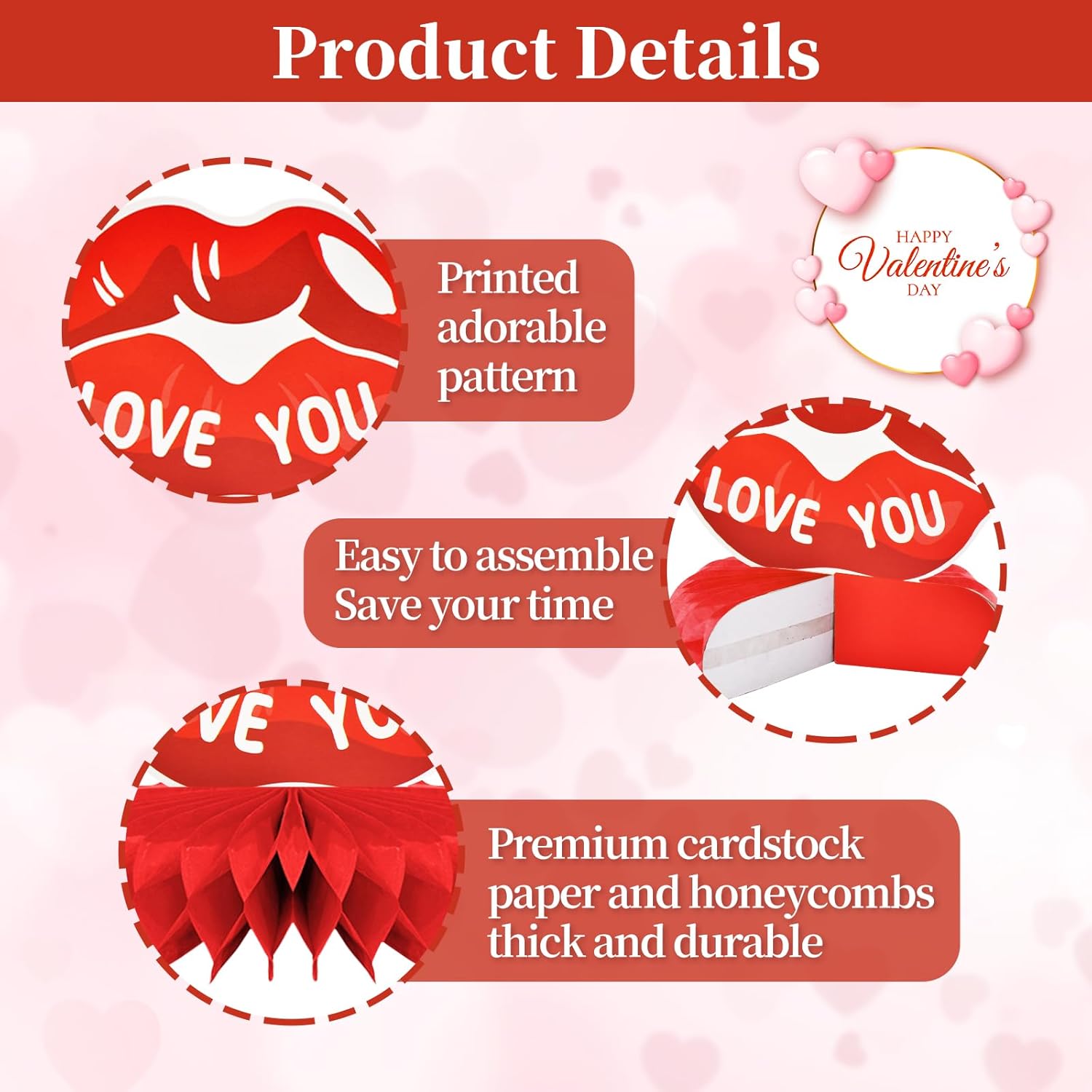 9 Pcs Valentine's Day Honeycomb Centerpieces - Romantic Red & Pink Table Topper Decorations, Assorted Love-Themed Ornaments Signs, Heart & Kiss XOXO Designs for Sweetheart, Wedding Party Supplies