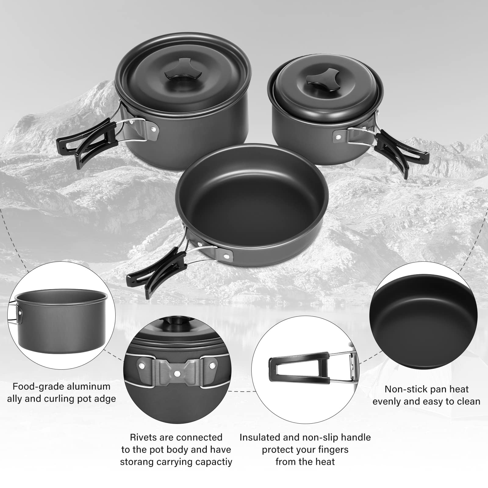 Lixada Lot de 10 ustensiles de cuisine de camping antiadhésifs légers empilables avec sac de rangement, ustensiles de cuisine d'extérieur portables pour randonnée, pique-nique