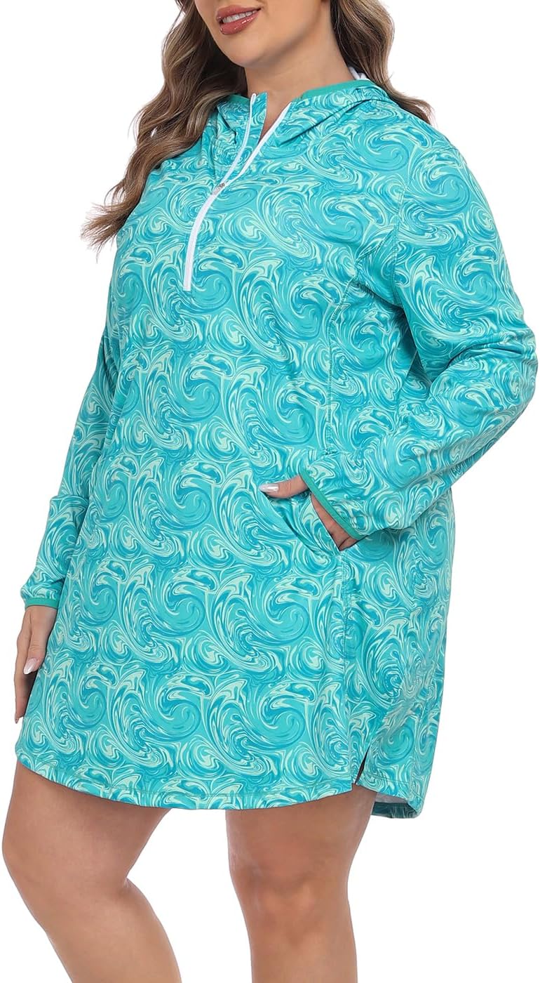HDE Women's Plus Size Swim Coverup Dress with Hood UPF 50 Long Sleeve Cover Up