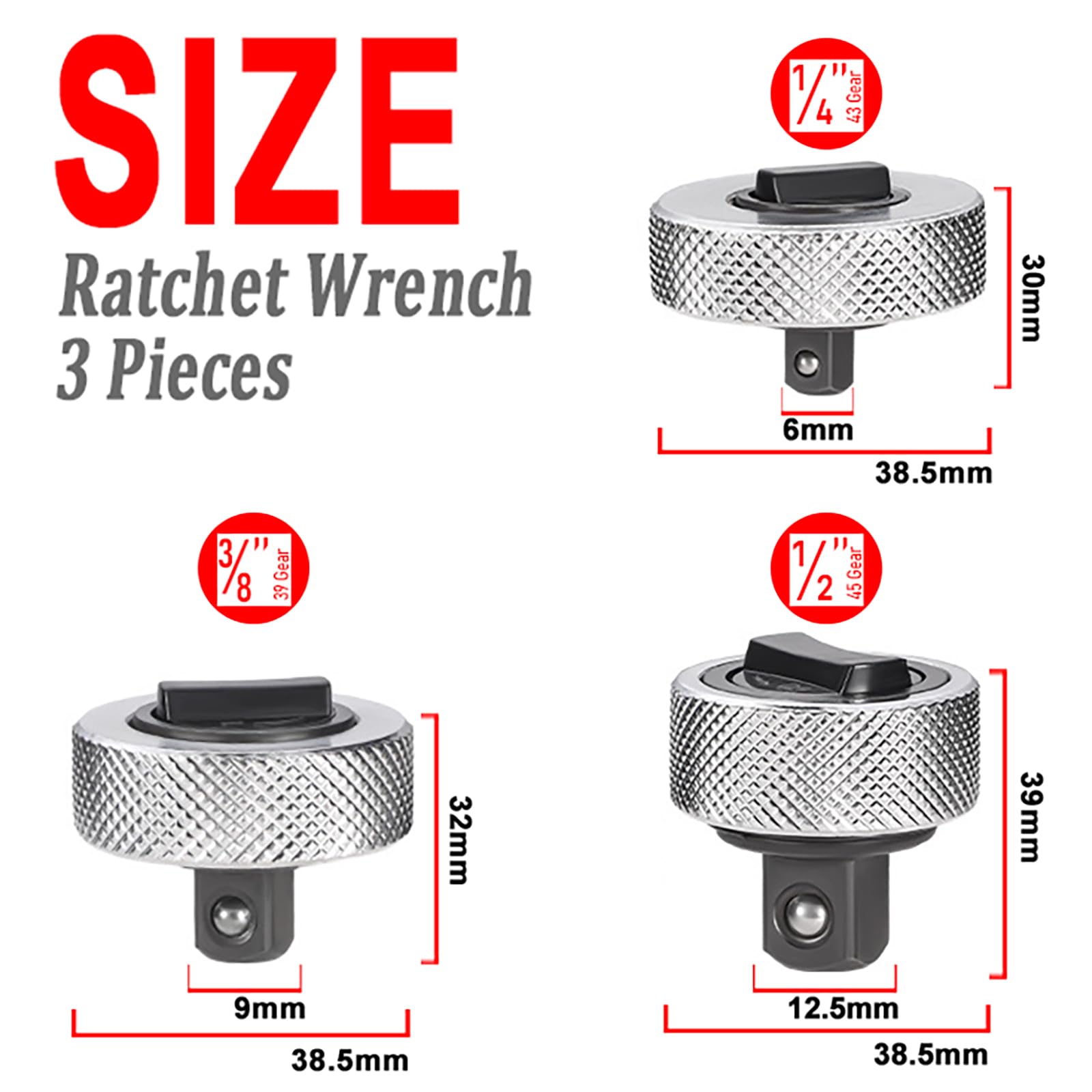 Airuzara 3 Pieces Palm Ratchet Wrench Set Reversible Thumb Wheel Ratchet Wrenches 1/4", 3/8" - Image 2
