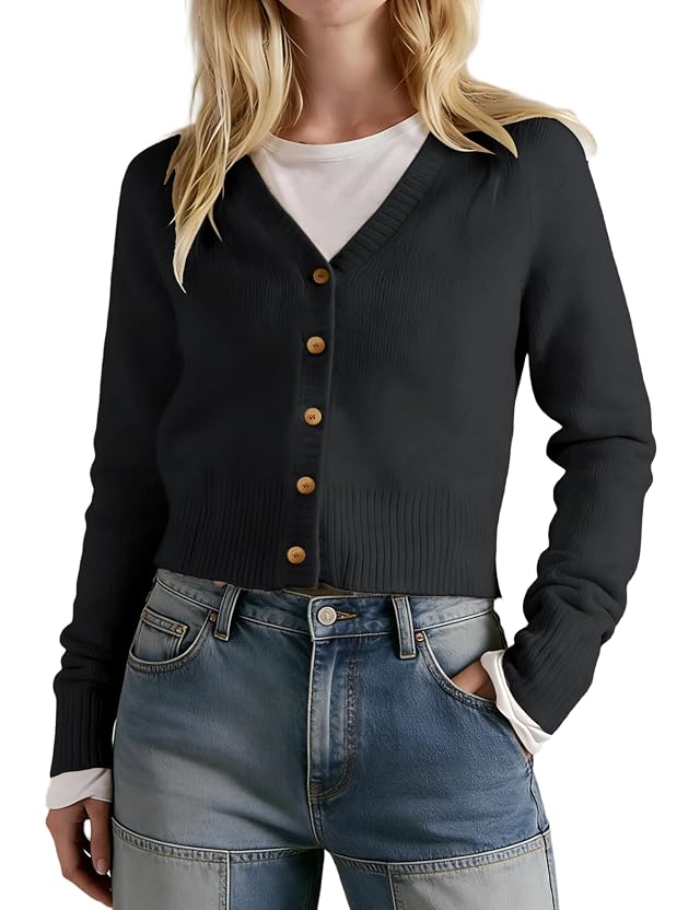Womens V Neck Slim Fit Cardigans Button Down Long Sleeve Short Sweater Casual Comfort for Office Lounge