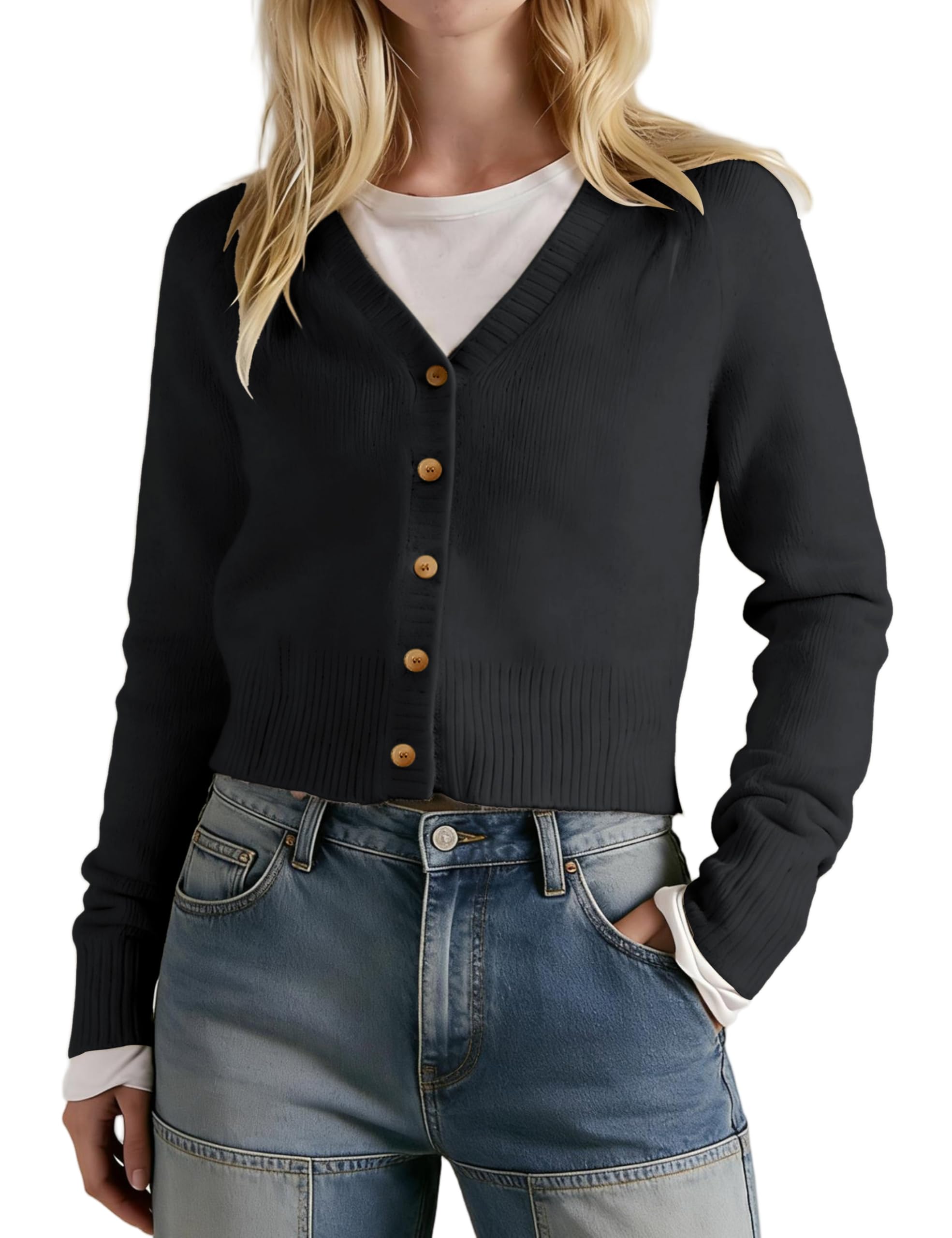 Womens V Neck Slim Fit Cardigans Button Down Long Sleeve Short Sweater Casual Comfort for Office Lounge