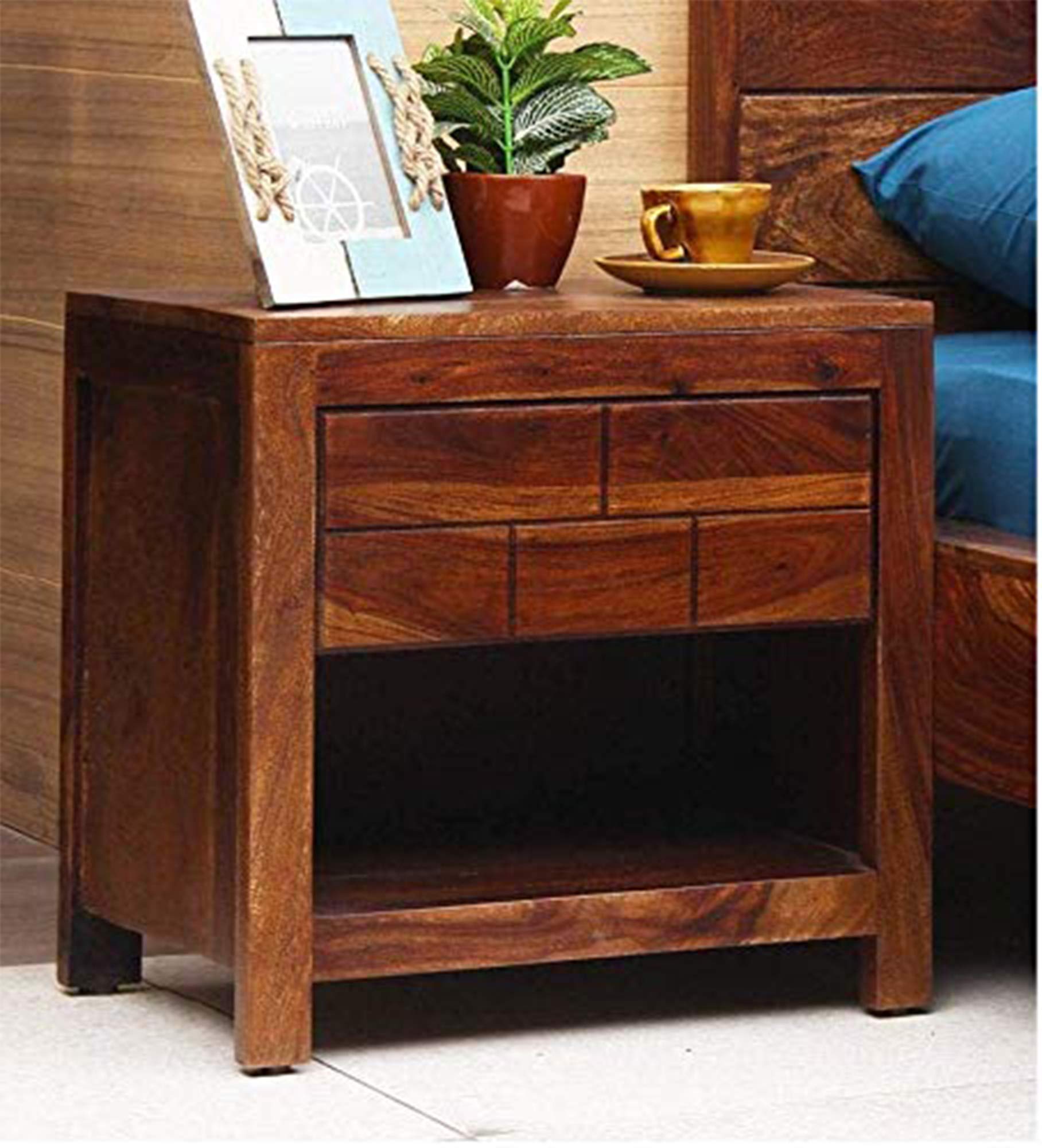 Ganpati Arts Sheesham Wood Bedside Table with 1 Drawer and Shelf Storage End Tables Night Stand for Home Living Room Bedroom Wooden Bed Room Furniture (Teak Finish) 1 Year Warranty