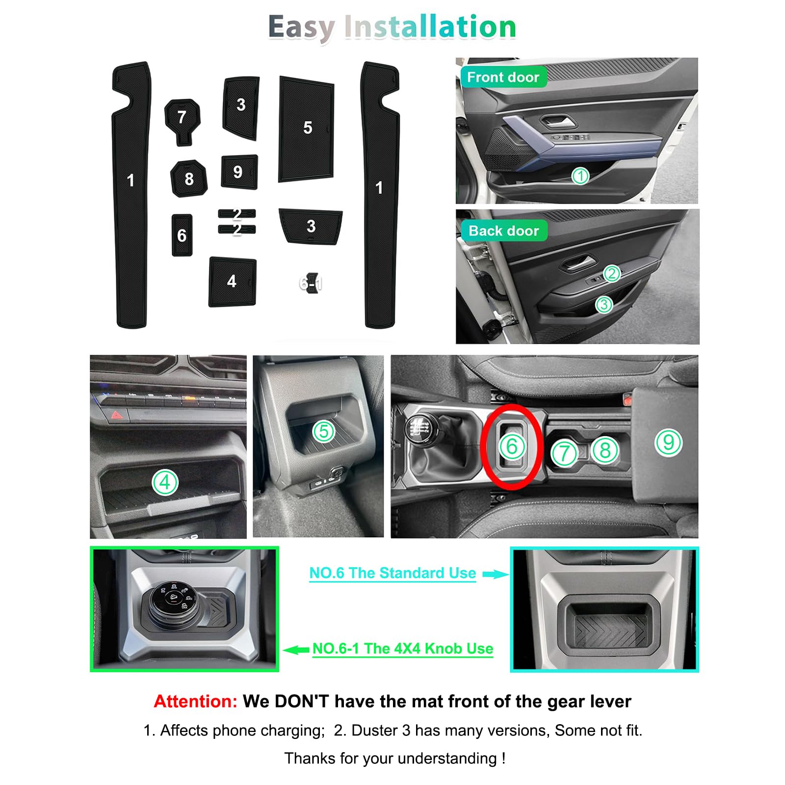 GAFAT Nouveau Dacia Duster 3 2024 2025 2026 Tapis Antidérapants, Dacia Duster III 2025Tapis en Caoutchouc pour Console Centrale, Porte-Gobelet, Couture de Porte, Dacia Duster 3 Accessoires (Noir)