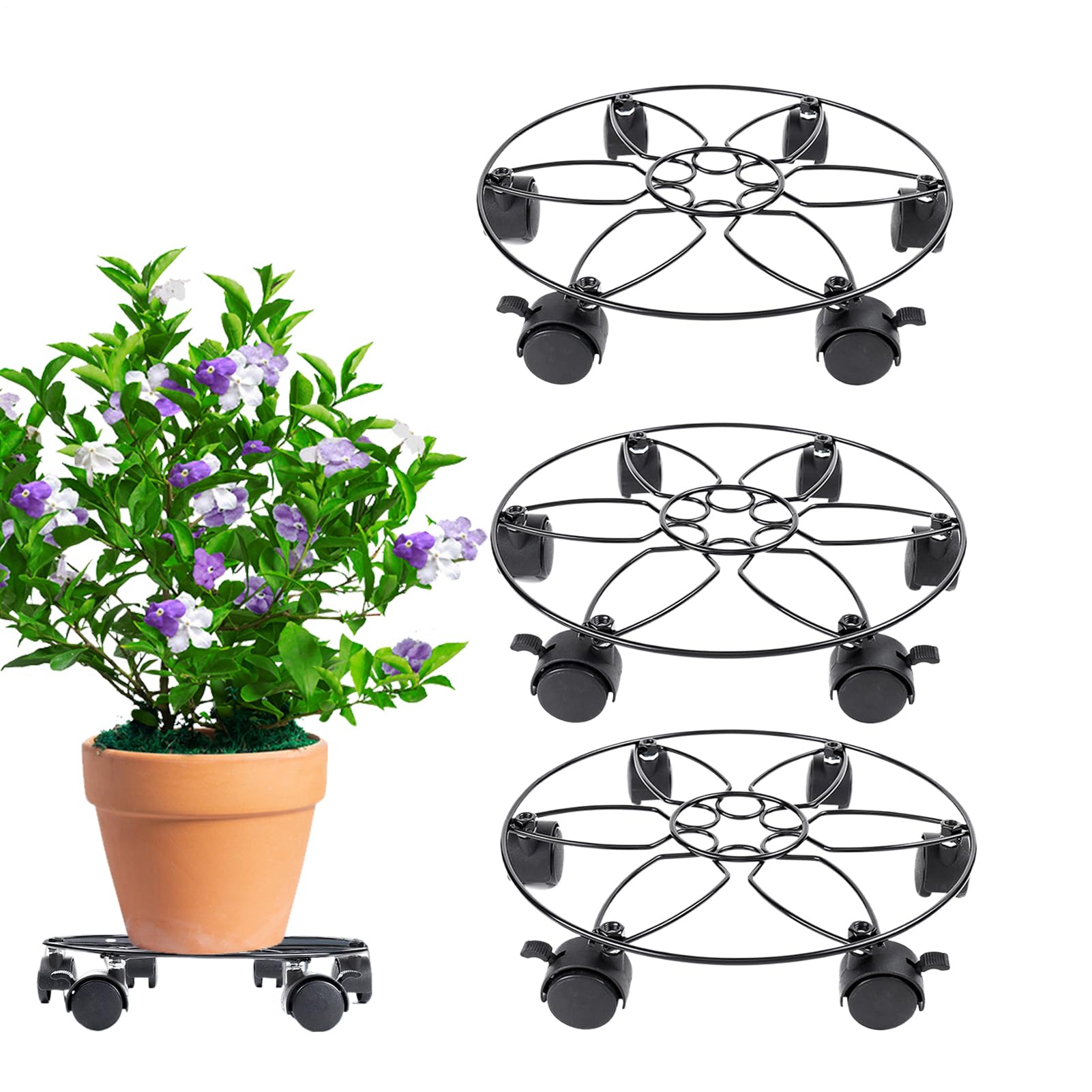 Stand pianta con ruote, supporto per piante su ruote Vassoio per carrelli | 3x pallet per fioriera in metallo pesante con 6 ruote per vasi di fiori da esterno interni