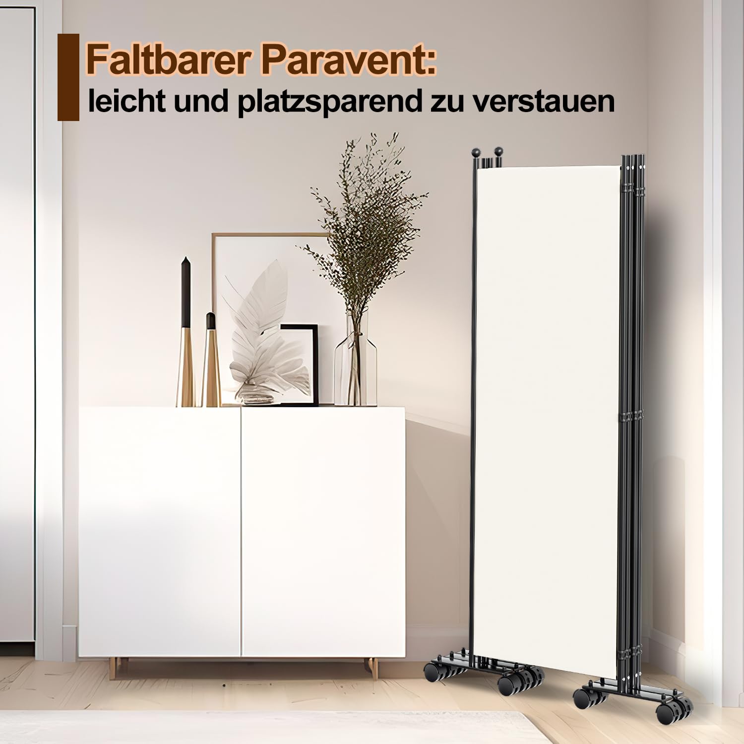 Paravent Interieur, 263 x 181 cm, divisorio pieghevole in 3 pezzi, divisorio da parete in metallo e poliestere, frangivista per interni, per casa, ufficio, terrazza, beige