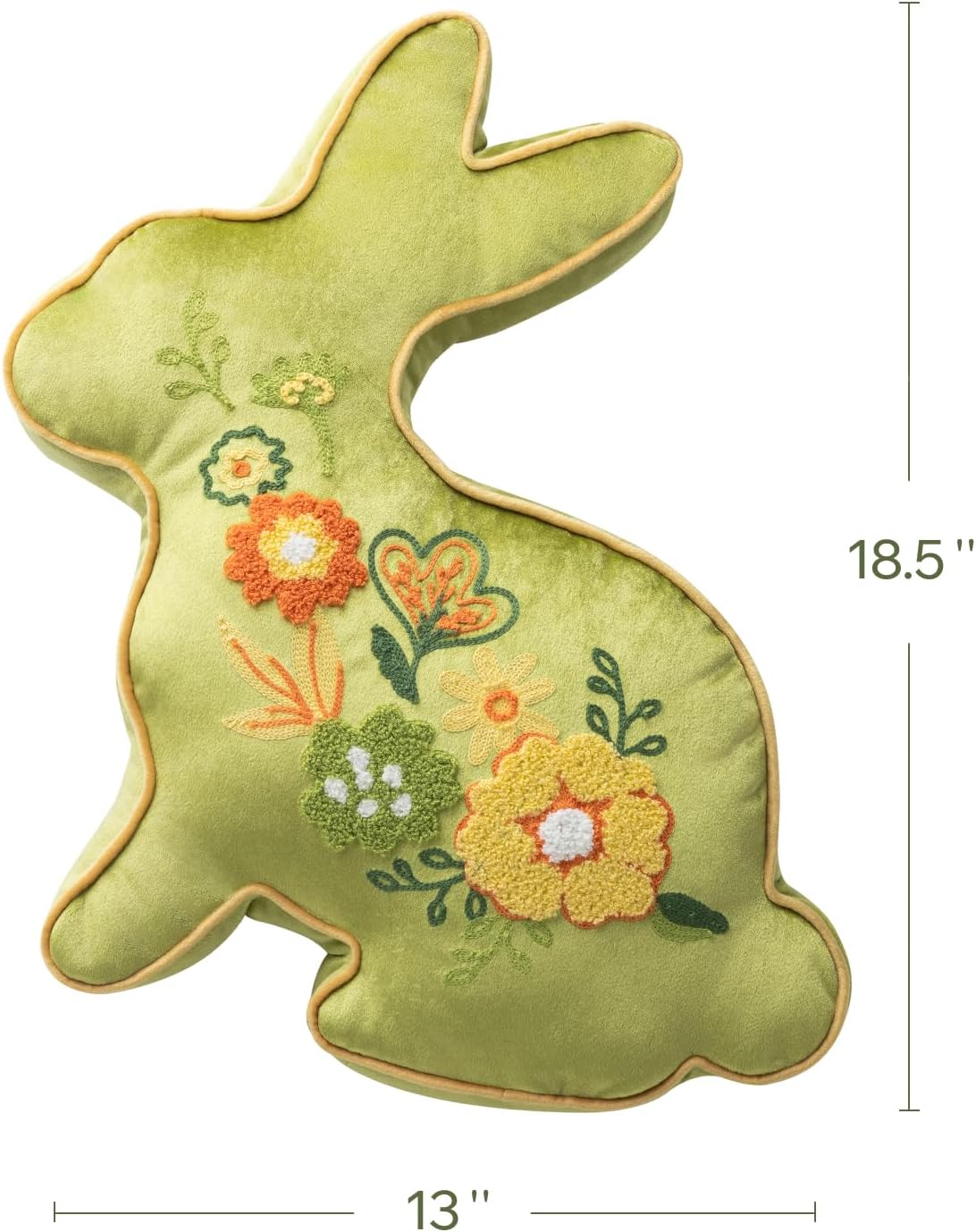 Phantoscope Happy Easter Bunny Shaped Throw Pillow, Embroidered Floral Patterns Cushion Soft Velvet Easter Rabbit Decorative Pillow for Couch Living Room Bed, Green,18.5 x 13 inches