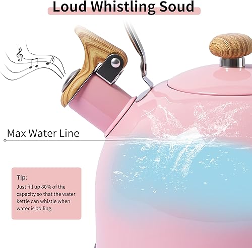 Miniatura 3 de LONFFERY Tea Kettle, 2.5 Quart Whistling Tea Kettle, Tea Pots for Stove Top Food Grade Stainless Steel with Wood Pattern Folding Handle - Pink