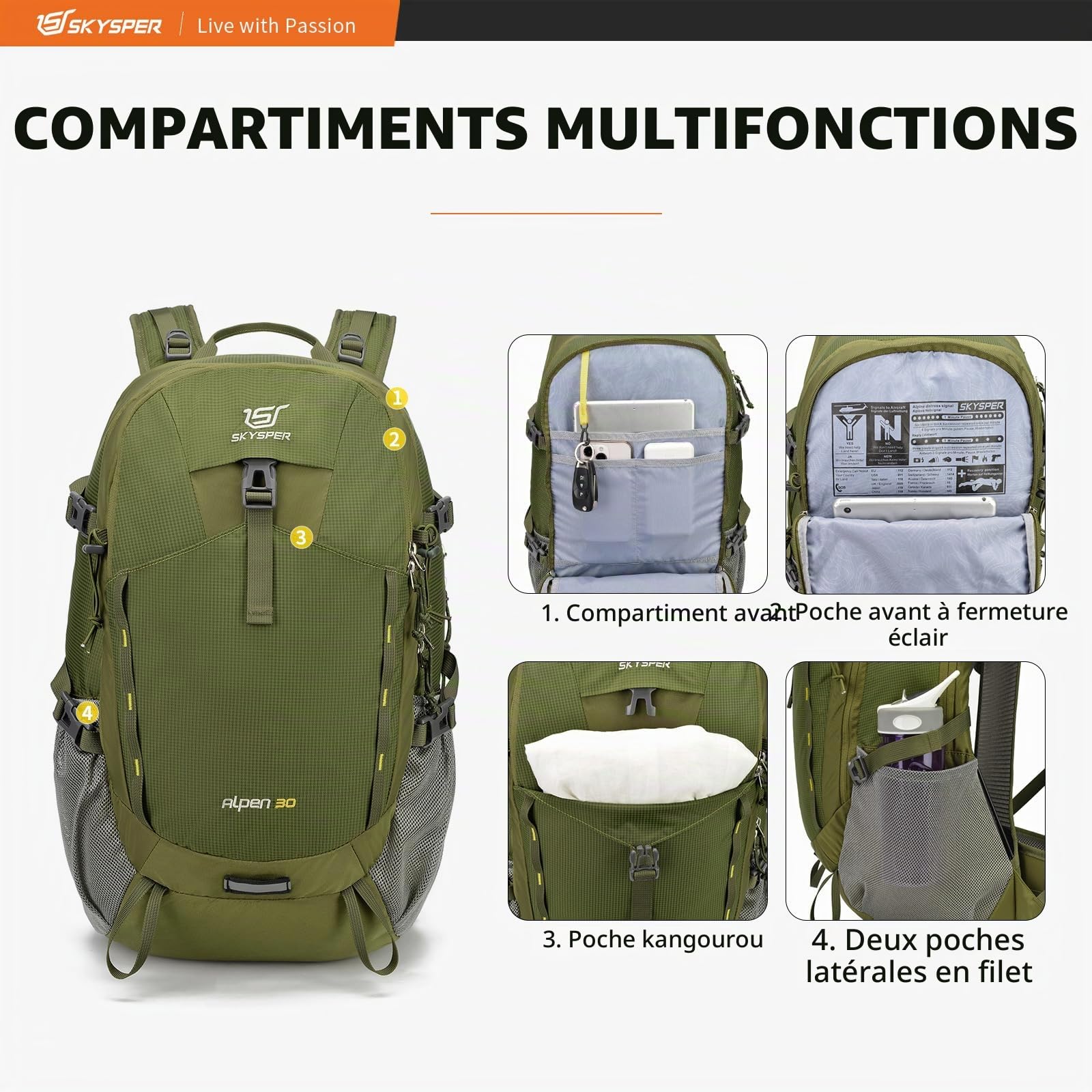 SKYSPER Sac à dos de randonnée 30L Sac à dos de trekking | avec housse de pluie, ventilation du dos, dos en mesh, ceinture ventrale Daypack pour excursions outdoor, randonnée