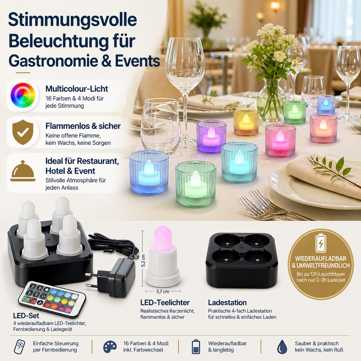 ReWu Duni LED-Set - 4 Stück - Warmweiß & Multicolour Mehrfarbig Wiederaufladbar Inklusive Ladestation & Fernbedienung Tischleuchten LED-Kerzen Alternative Teelichter