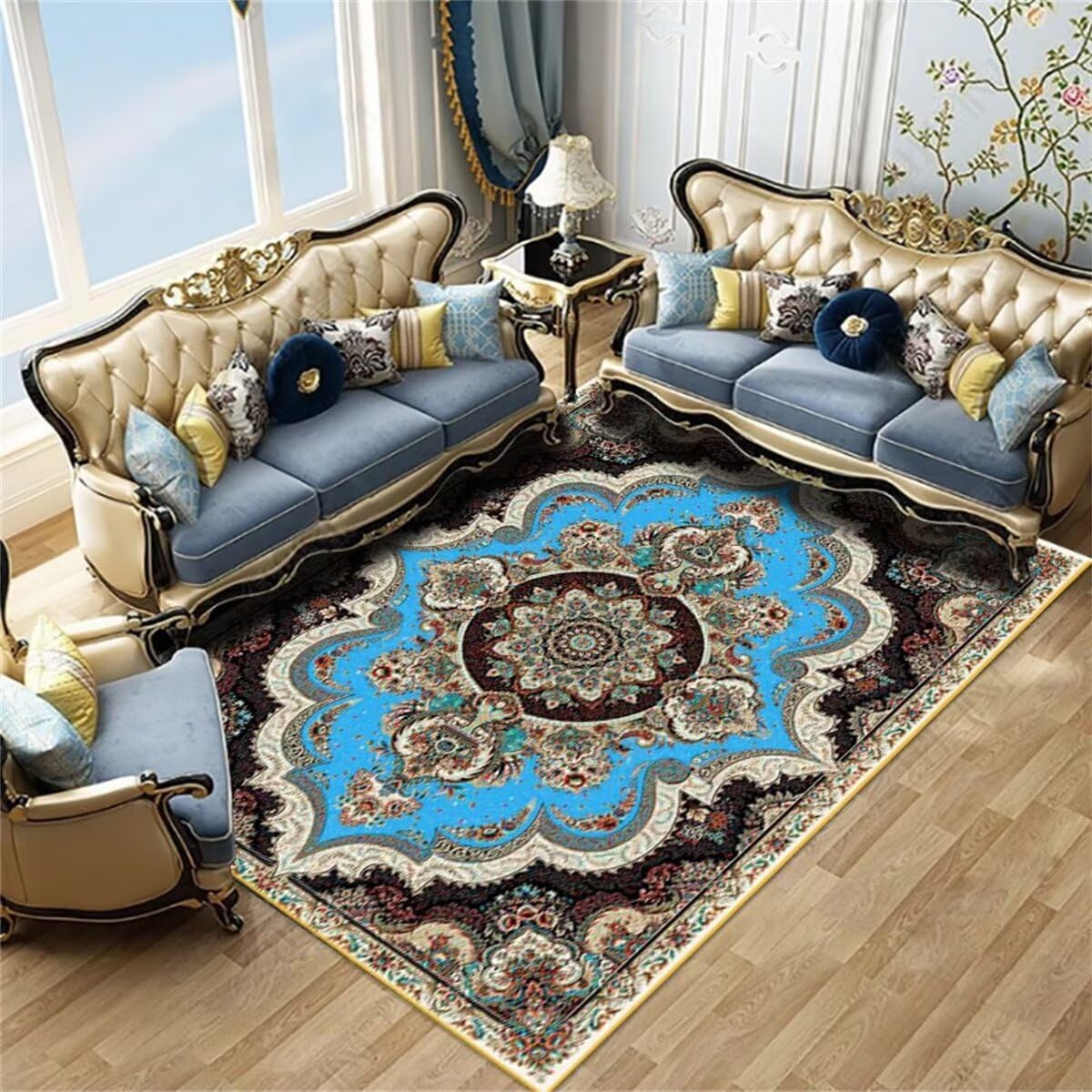 Tapis de salle à manger bleu rétro robuste lavable 160X230CM