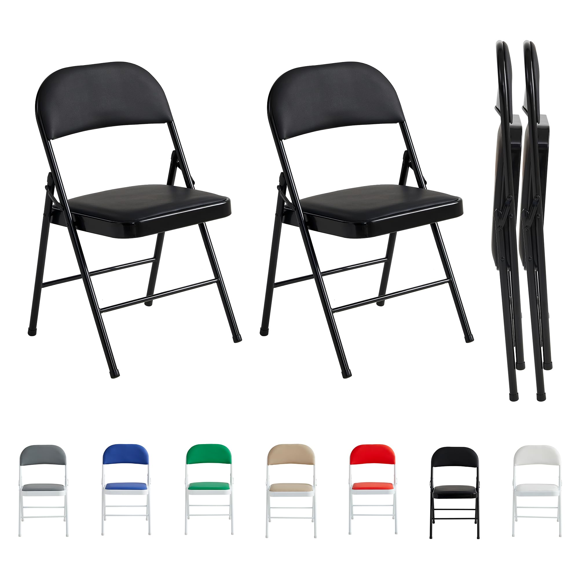 mcc direct Lot de 2 chaises pliantes en similicuir avec cadre en métal et siège rembourré, faciles à plier et à ranger pour la maison, le bureau, la salle à manger et la réception (noir)